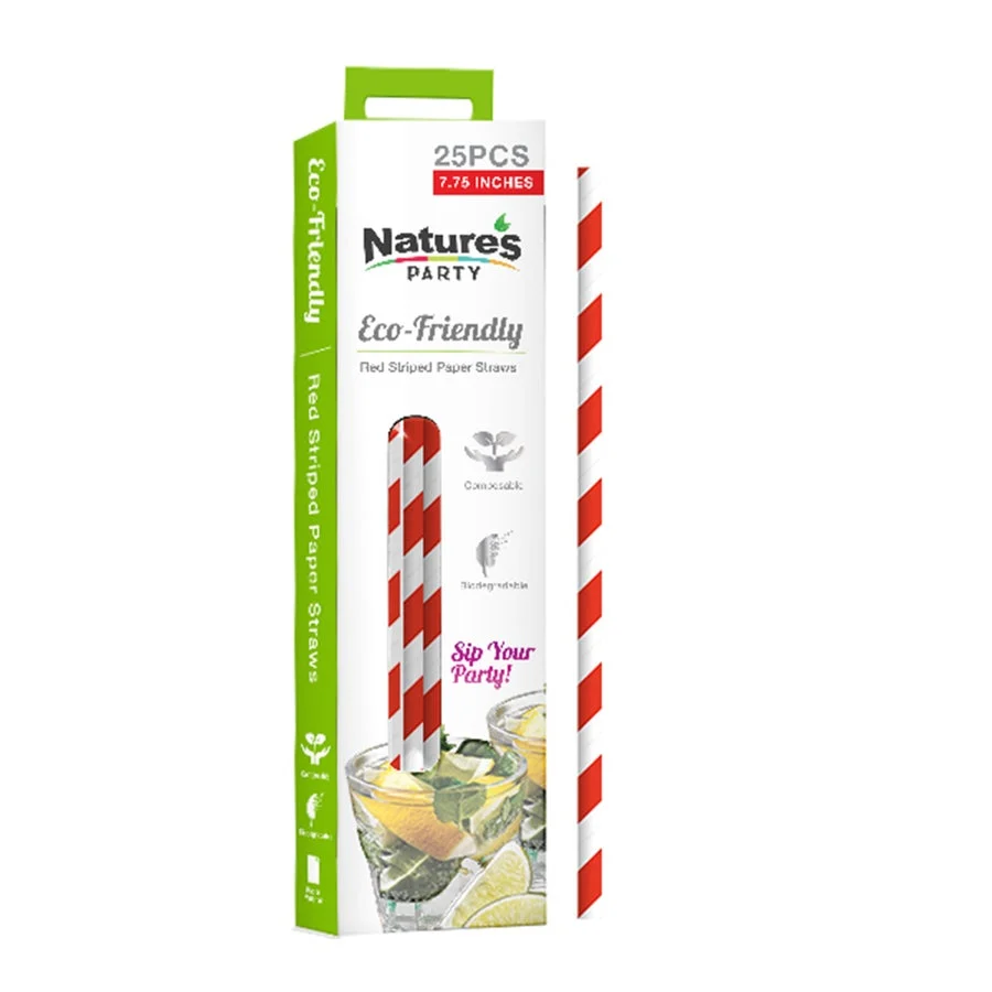 Straws, 7.75 Inch, Paper, Red Striped,12 - 25 COUNT