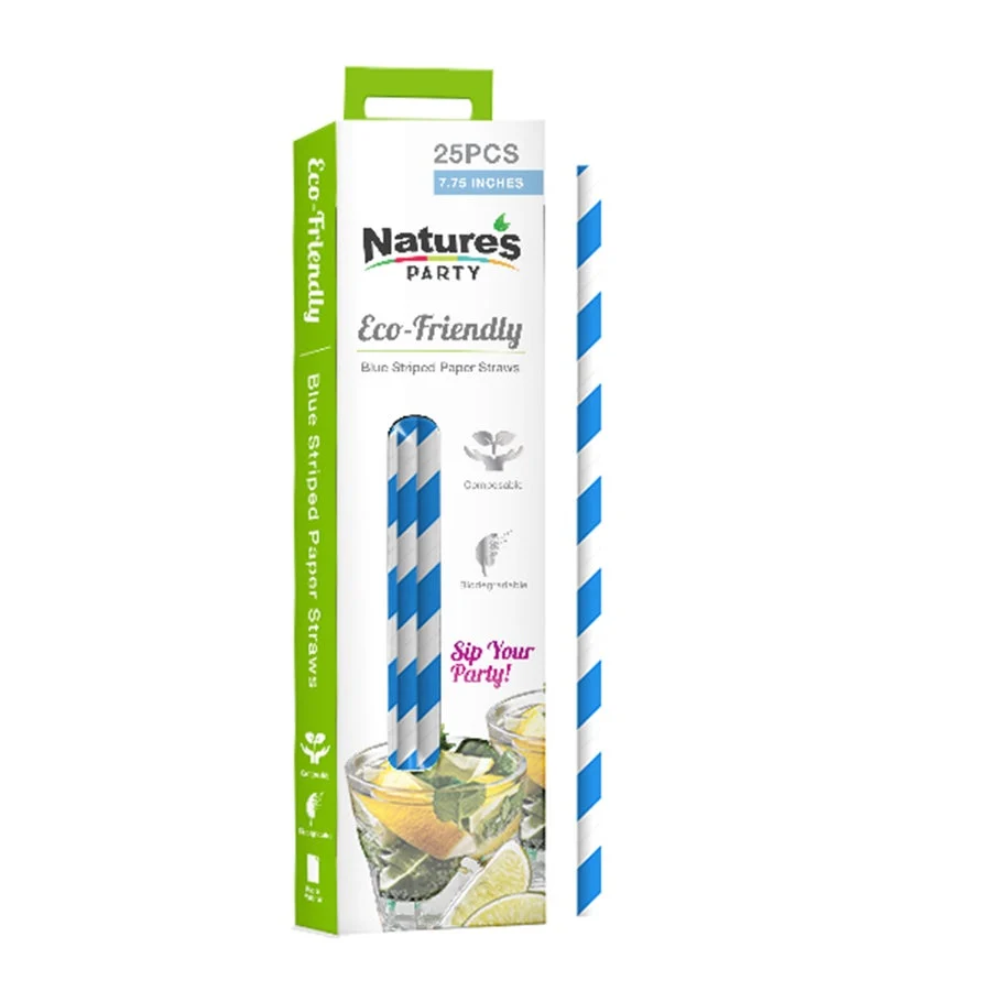 Straws, 7.75 Inch, Paper, Blue Striped, Unwrapped,12 - 25 COUNT