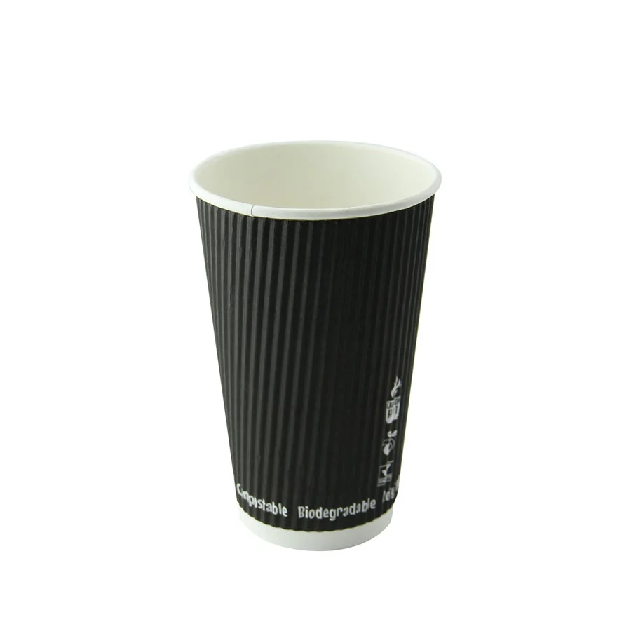 Cups, 20 Ounce, Black, Ripple Wall, 3.5 x 6.1 Inch, Compostable,20 - 25 COUNT