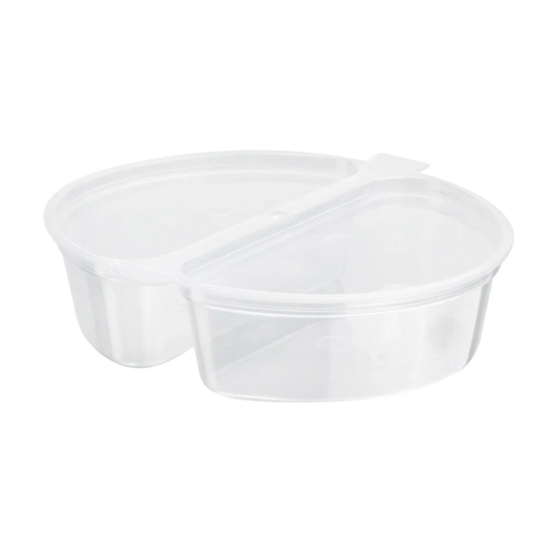 Containers, 2-Compartment, 6 Ounce, Microwavable Plastic, Clear, Round, 4 x 3.25 x 1 Inch, with Lid,1 - 100 COUNT