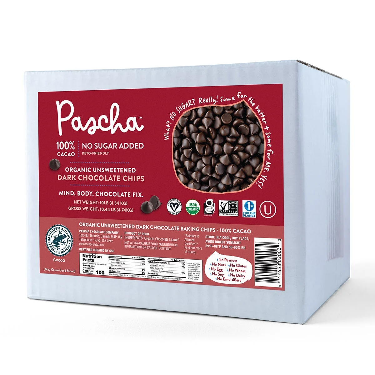 Baking Chips, Dark Chocolate, Unsweetened, 100% Cacao,1 - 10 POUND