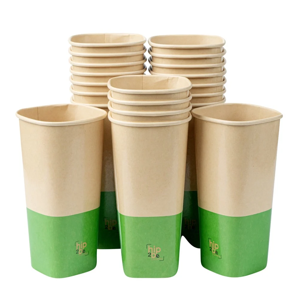 Cups, Hot & Cold, 22 Ounce, Paper, Kraft & Green, Single Wall, Square, 3.25 x 3.25 x 6.75 Inch,1 - 25 COUNT