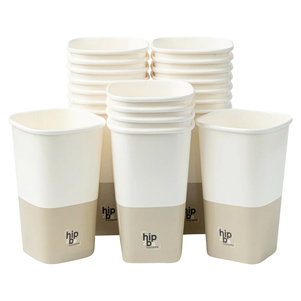 Cups, Hot & Cold, 16 Ounce, Paper, White & Taupe, Single Wall, Square, 3.25 x 3.25 x 5.5 Inch,1 - 500 COUNT