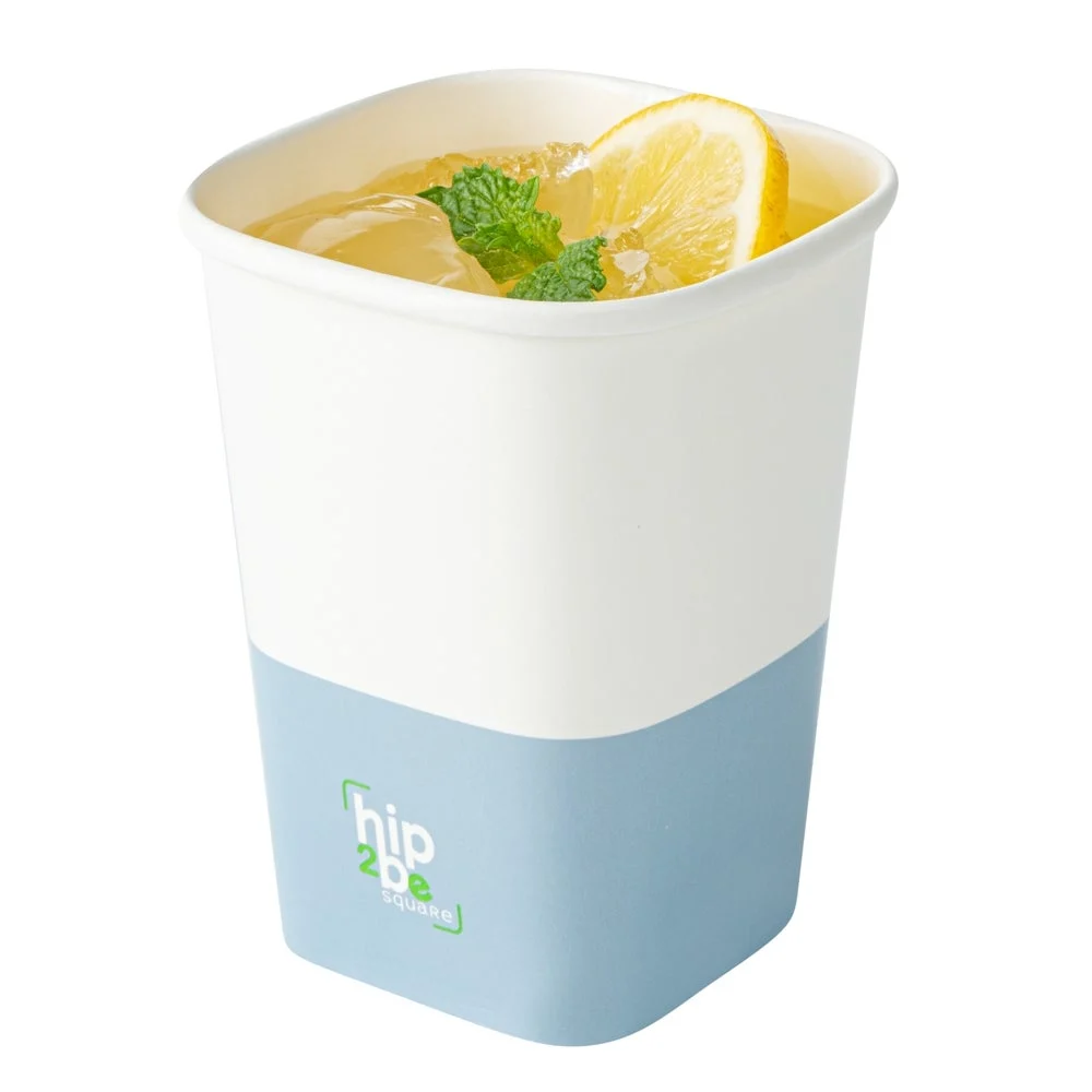 Cups, Hot & Cold, 12 Ounce, Paper, White & Blue, Single Wall, Square, 3.25 x 3.25 x 4.25 Inch,1 - 25 COUNT