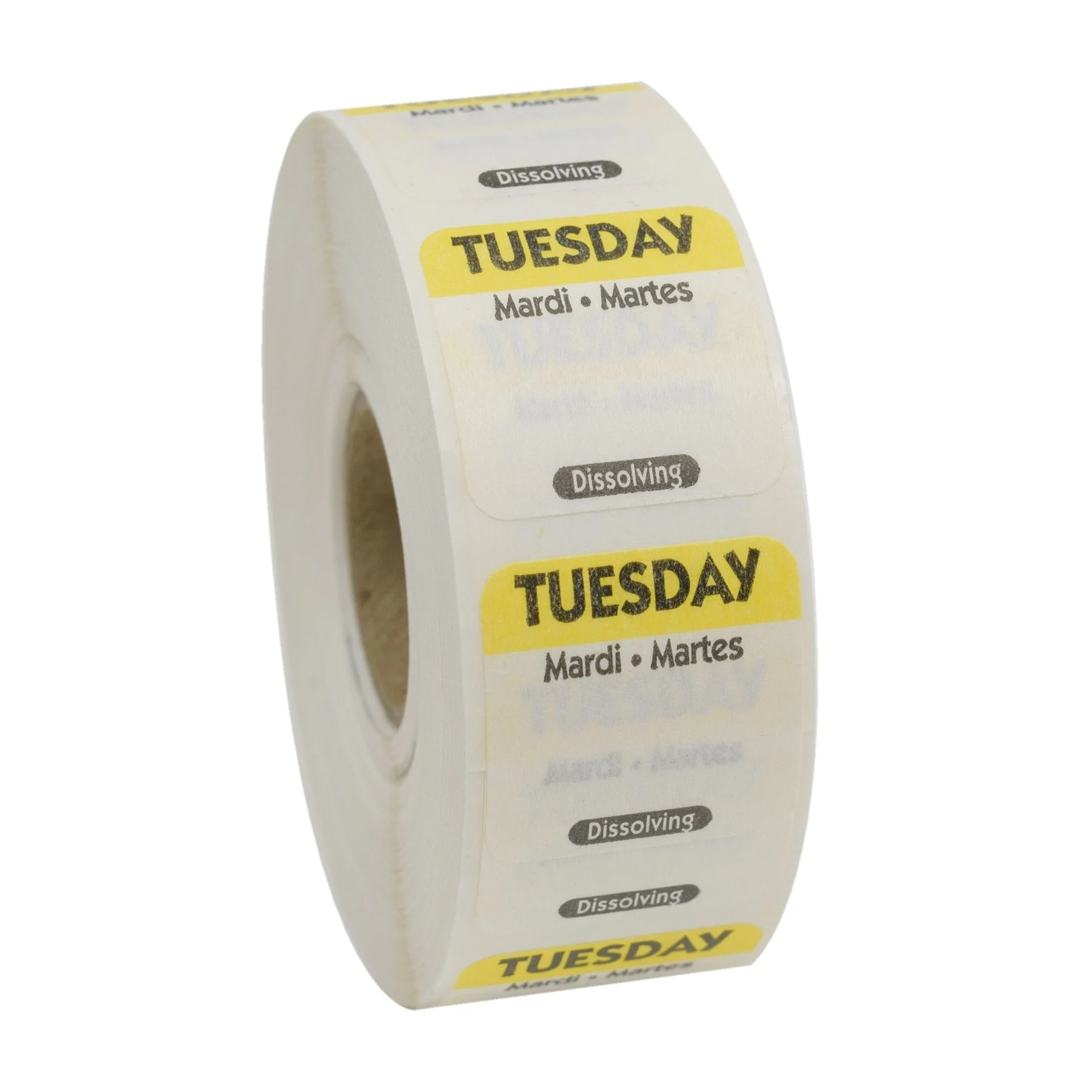 Labels, Tuesday, 1 x 1 Inch, Dissolvable, Yellow & White, Trilingual, Square,1 - 1000 COUNT