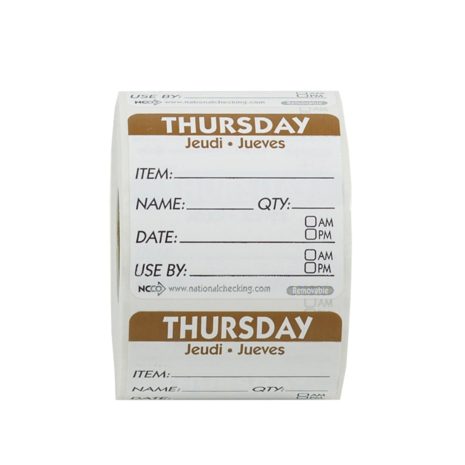Labels, Thursday Item/Date/Use By, 2 x 2 Inch, Removable, Brown, Square, Trilingual,18 - 500 COUNT