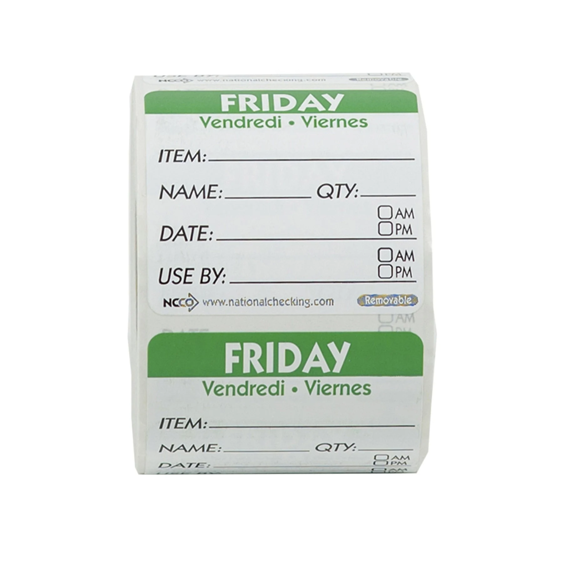 Labels, Friday Item/Date/Use By, 2 x 2 Inch, Removable, Green, Square, Trilingual,18 - 500 COUNT