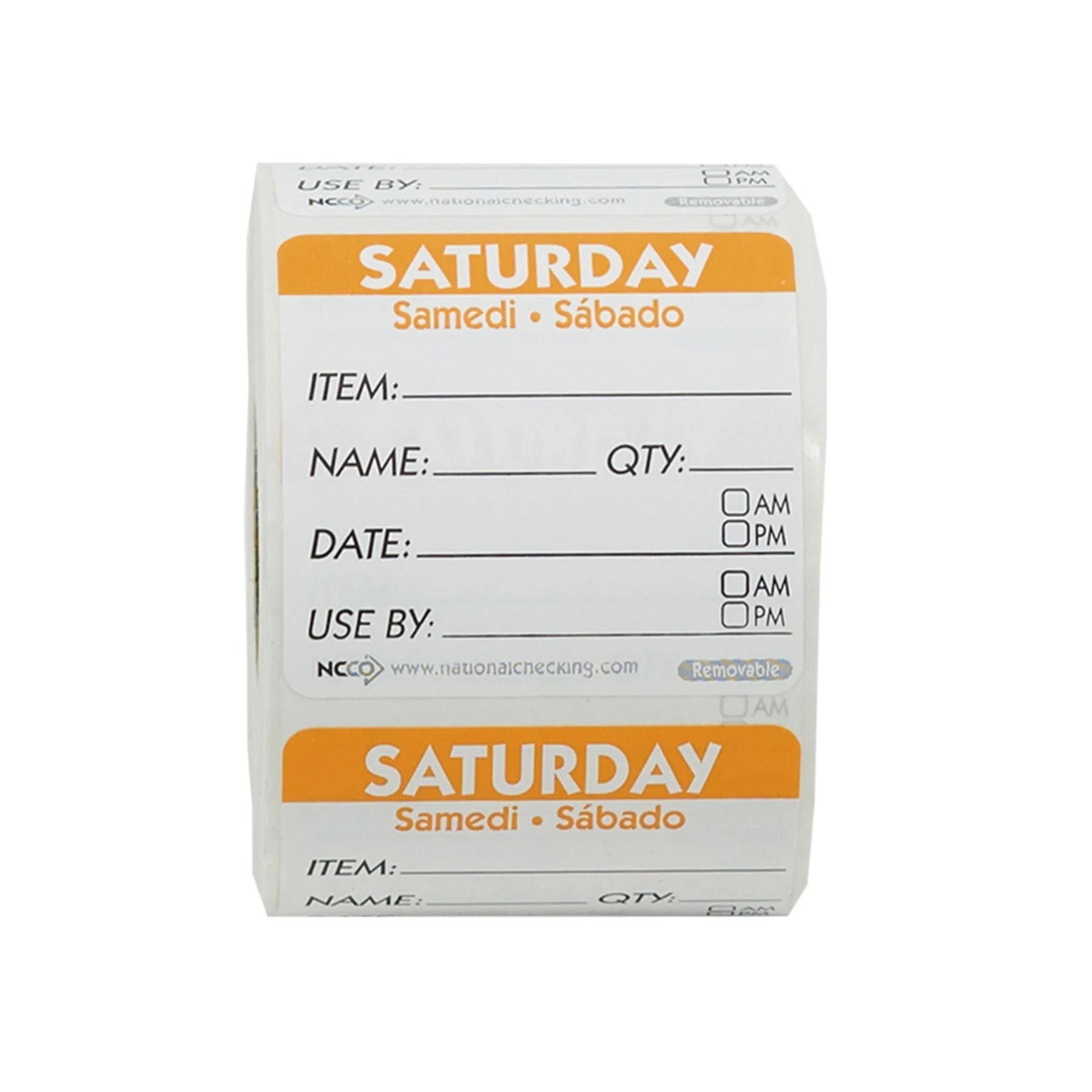Labels, Saturday Item/Date/Use By, 2 x 2 Inch, Removable, Orange, Square, Trilingual,18 - 500 COUNT
