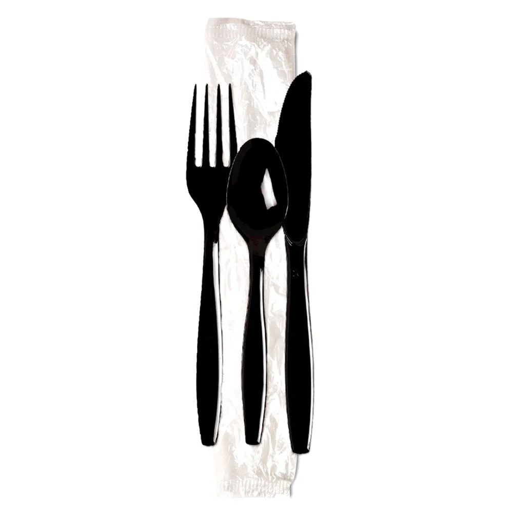 Cutlery Kits, Fork/Knife/Spoon, Heavyweight Plastic, Black, Polystyrene,250 - 1 EACH