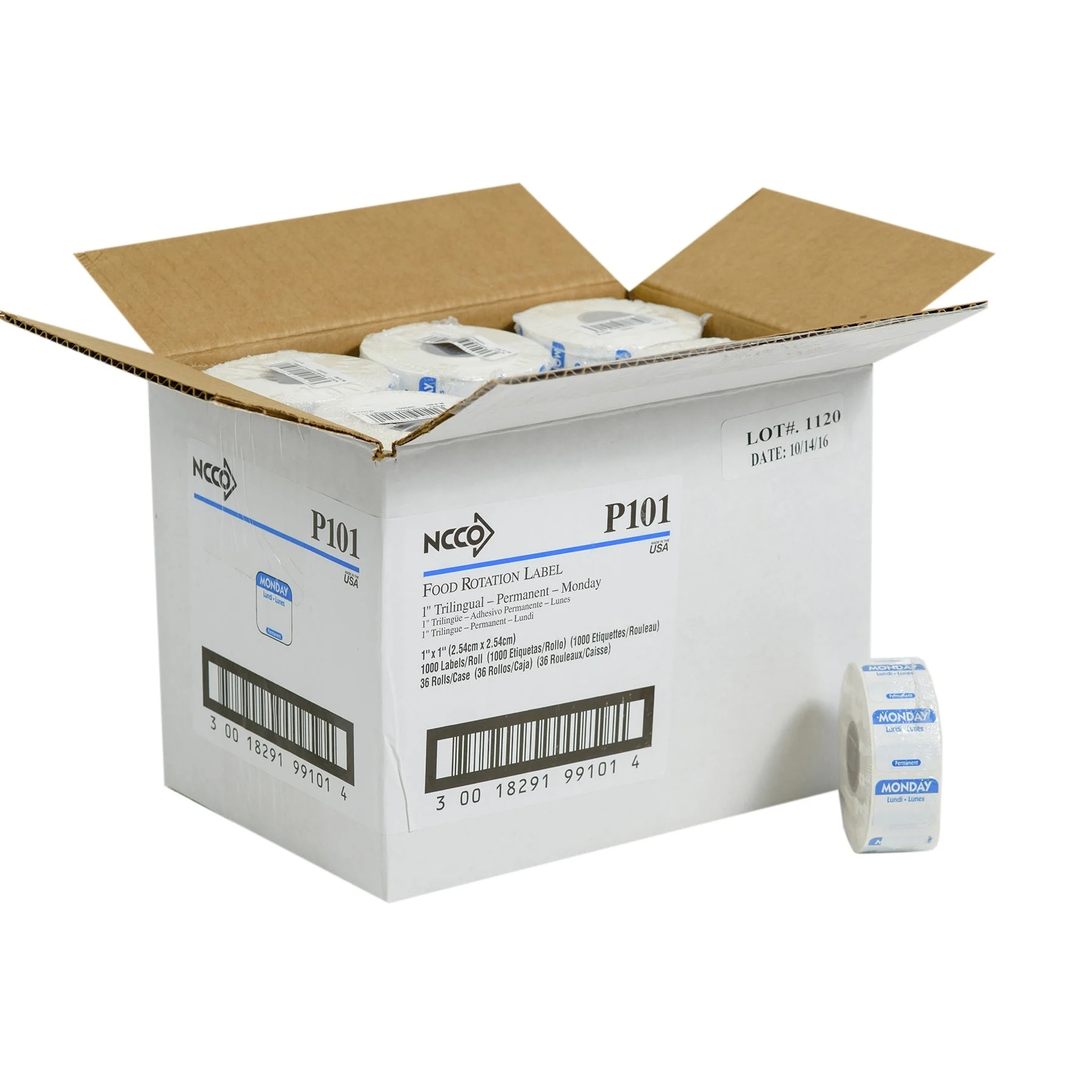 Labels, Monday, 1 x 1 Inch, Permanent, Blue & White, Trilingual, Square,1 - 1000 COUNT