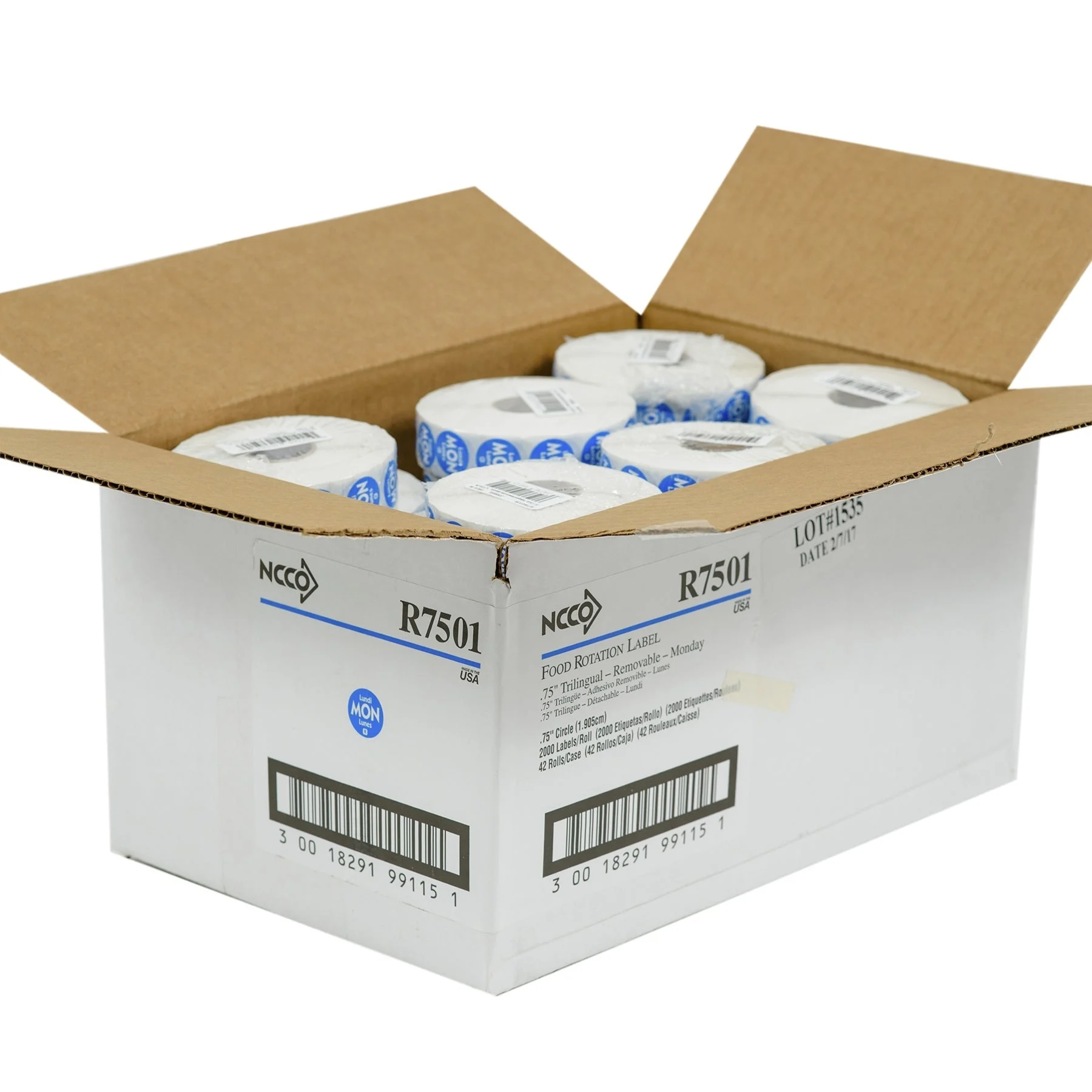 Labels, Monday, 0.75 Inch, Removable, Blue with White Font, Trilingual, Round,1 - 2000 COUNT