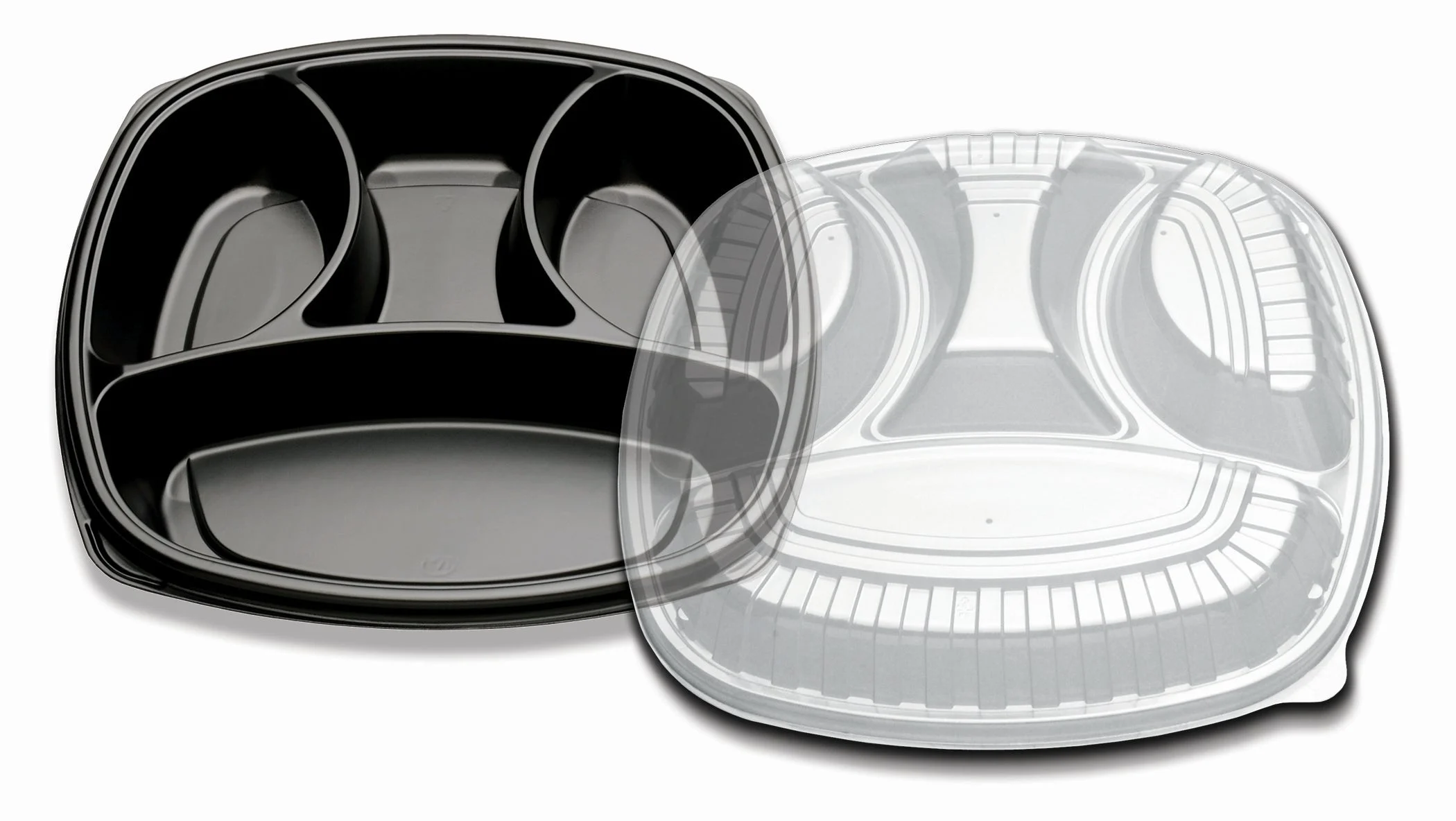 Trays, 4-Compartment, Plastic, Black, Rectangular, with Clear Lid,25 - 1 EACH