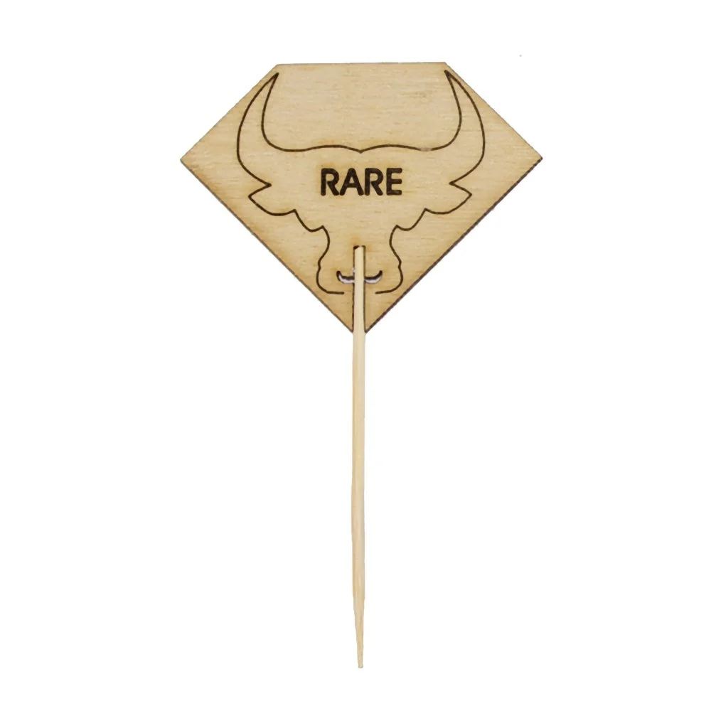 Steak Markers, Rare Diamond Shaped, 3.7 Inch, Bamboo, Natural, with Bull Head, 3.7 Linear Inch,10 - 100 COUNT