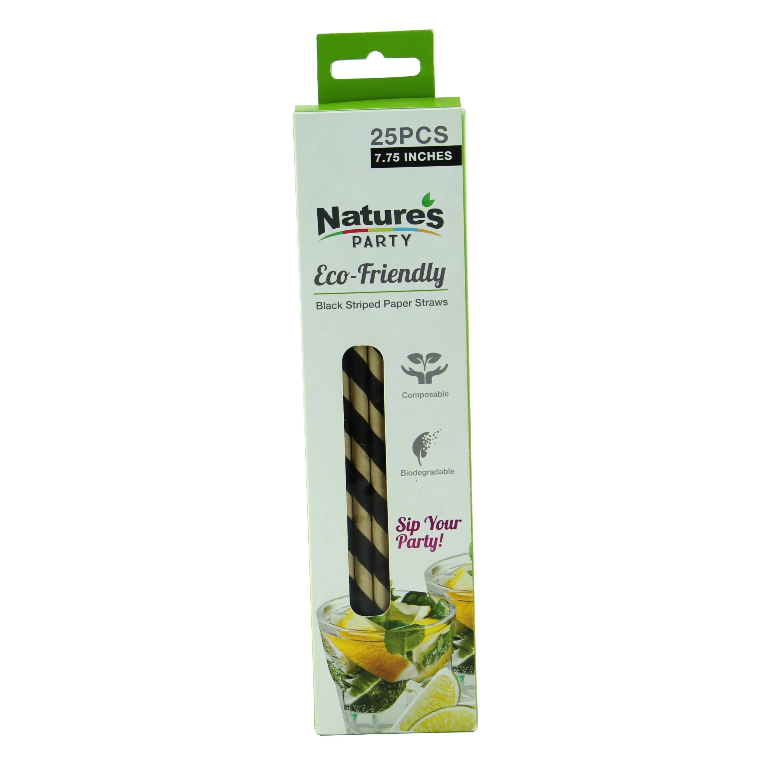 Straws, 7.75 Inch, Paper, Black Striped,12 - 25 COUNT