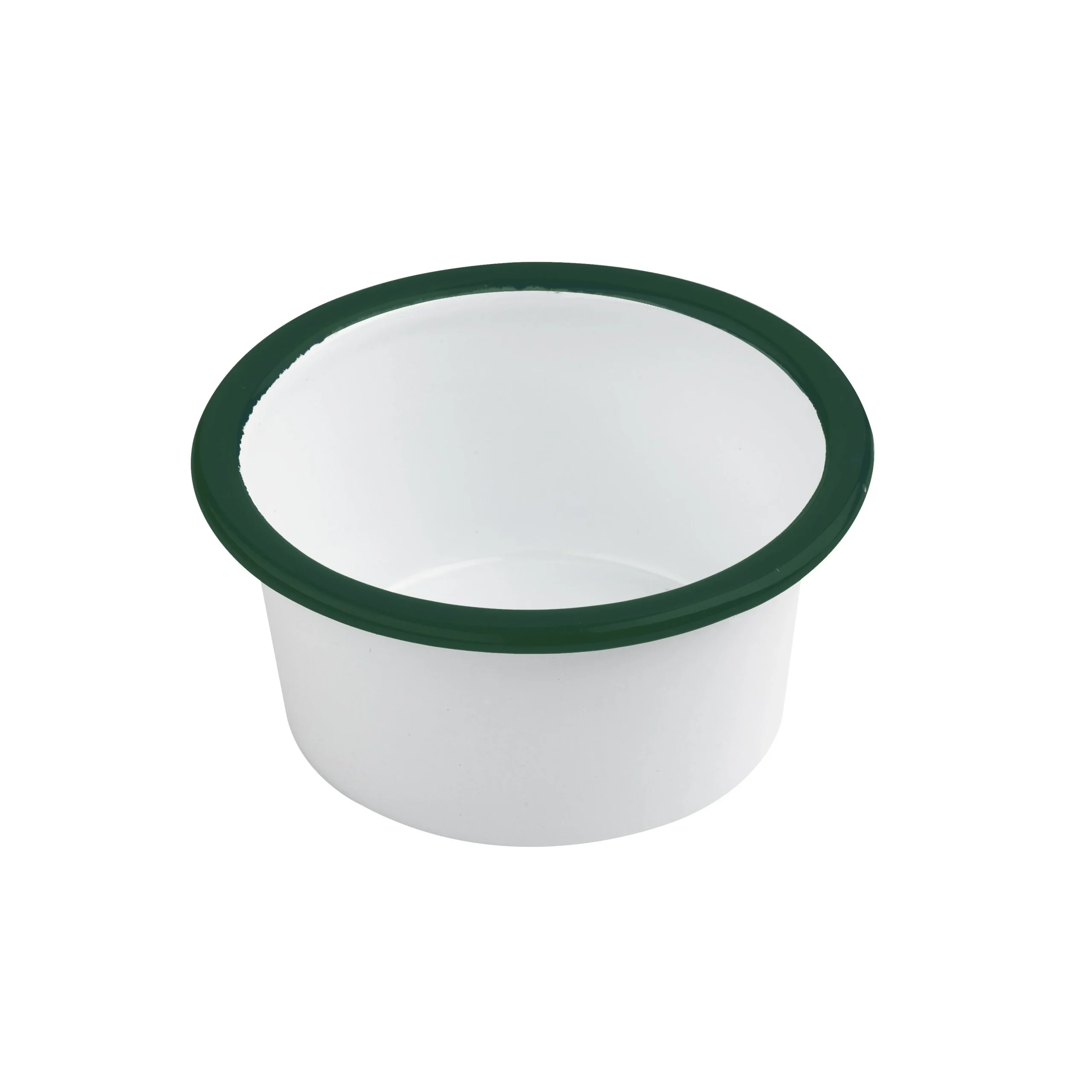Dishes, 4 Ounce, White Enameled, with Green Rim, Saucepan Shape,12 - 1 EACH