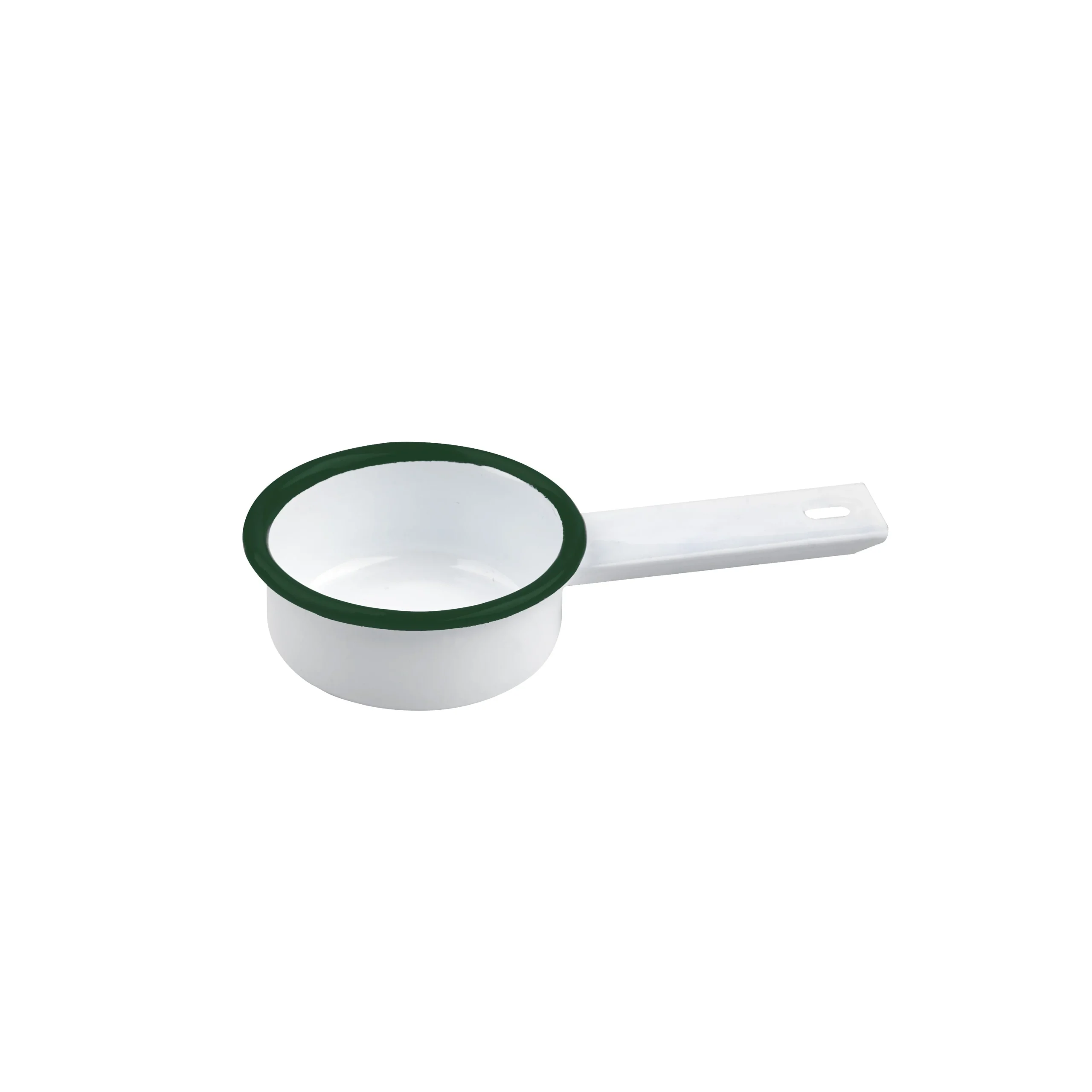 Dishes, 2 Ounce, White Enameled, with Green Rim, Saucepan Shape,12 - 1 EACH