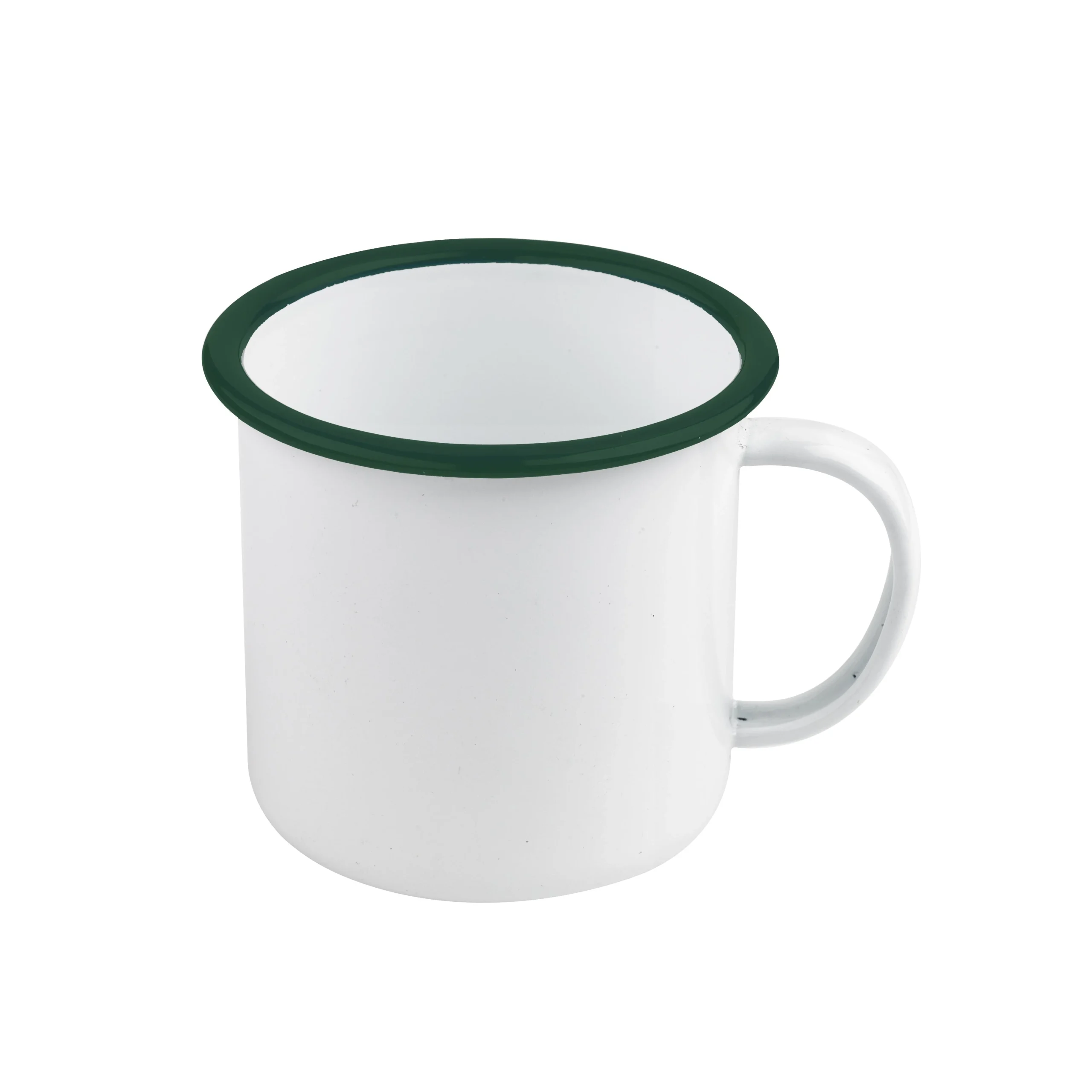 Mugs, Enamel, 17 Ounce, 4.7 x 3.5 Inch, White, with Green Rim,12 - 1 EACH