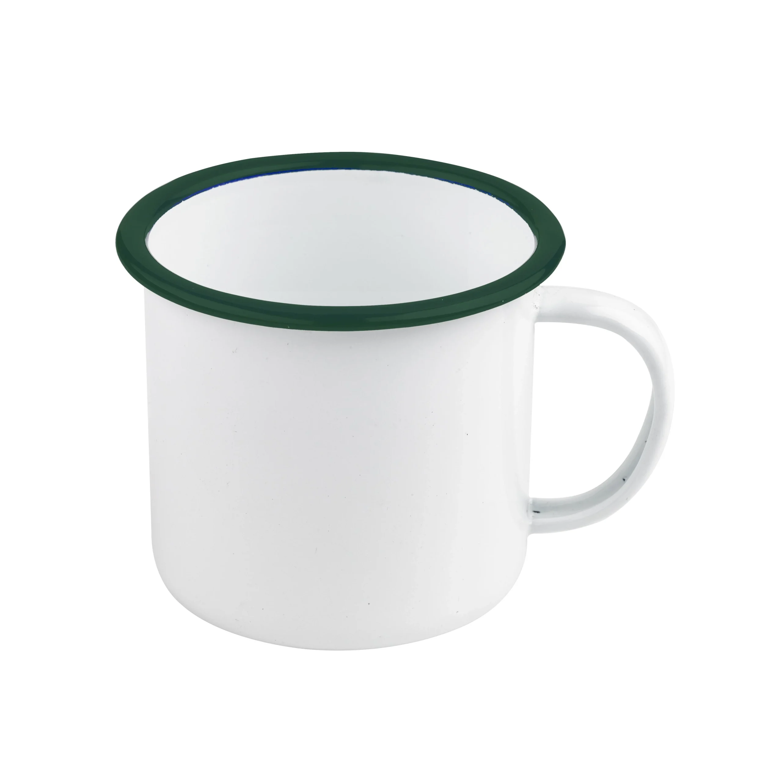 Mugs, Enamel, 12 Ounce, 3.9 x 3 Inch, White, with Green Rim,12 - 1 EACH