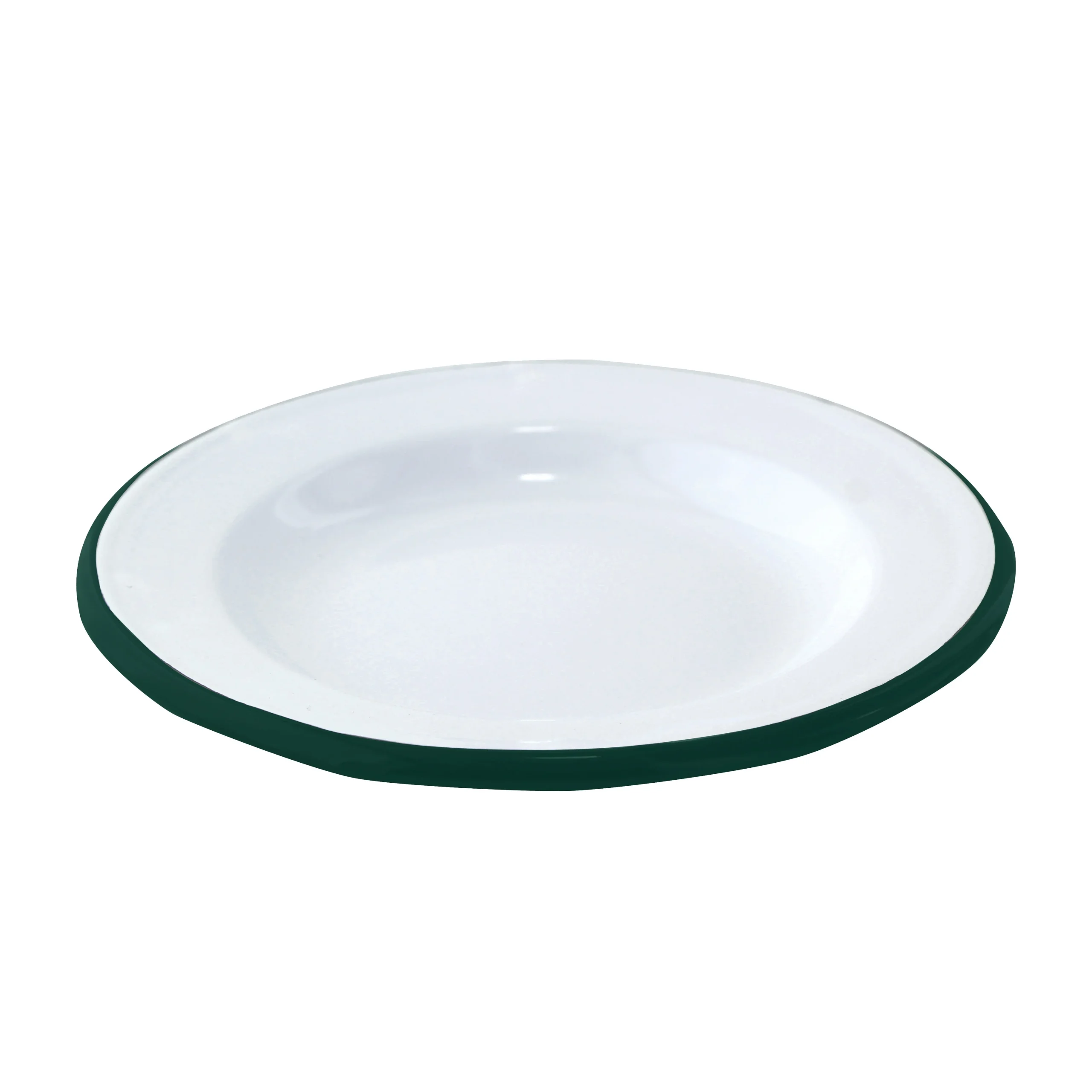 Plates, Enamel, 7.1 x 1 Inch, White, with Green Rim,12 - 1 EACH