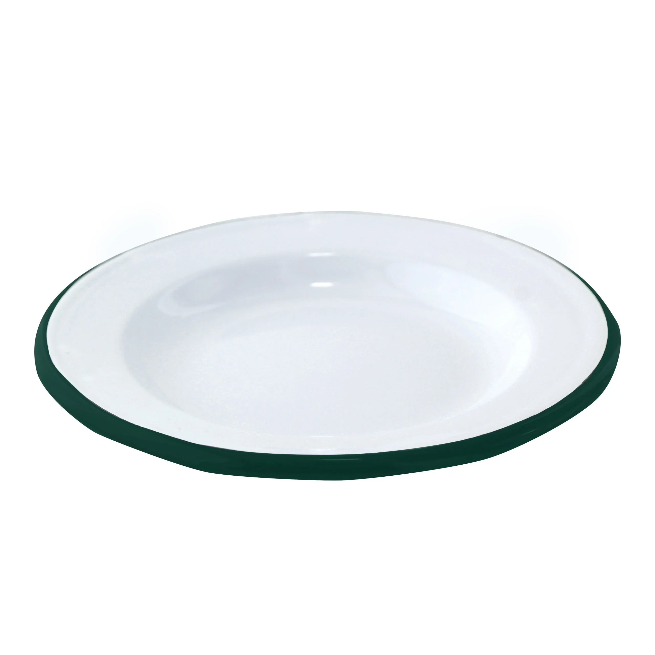 Plates, Enamel, 6.3 x 1 Inch, White, with Green Rim,12 - 1 EACH