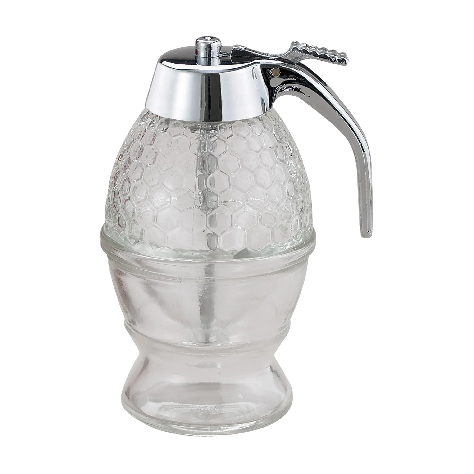 Dispensers, Syrup & Honey, 8 Ounce, Center Spout, Honeycomb Embossed, Glass, Stainless Steel Handle, with Glass Stand,1 - 1 EACH