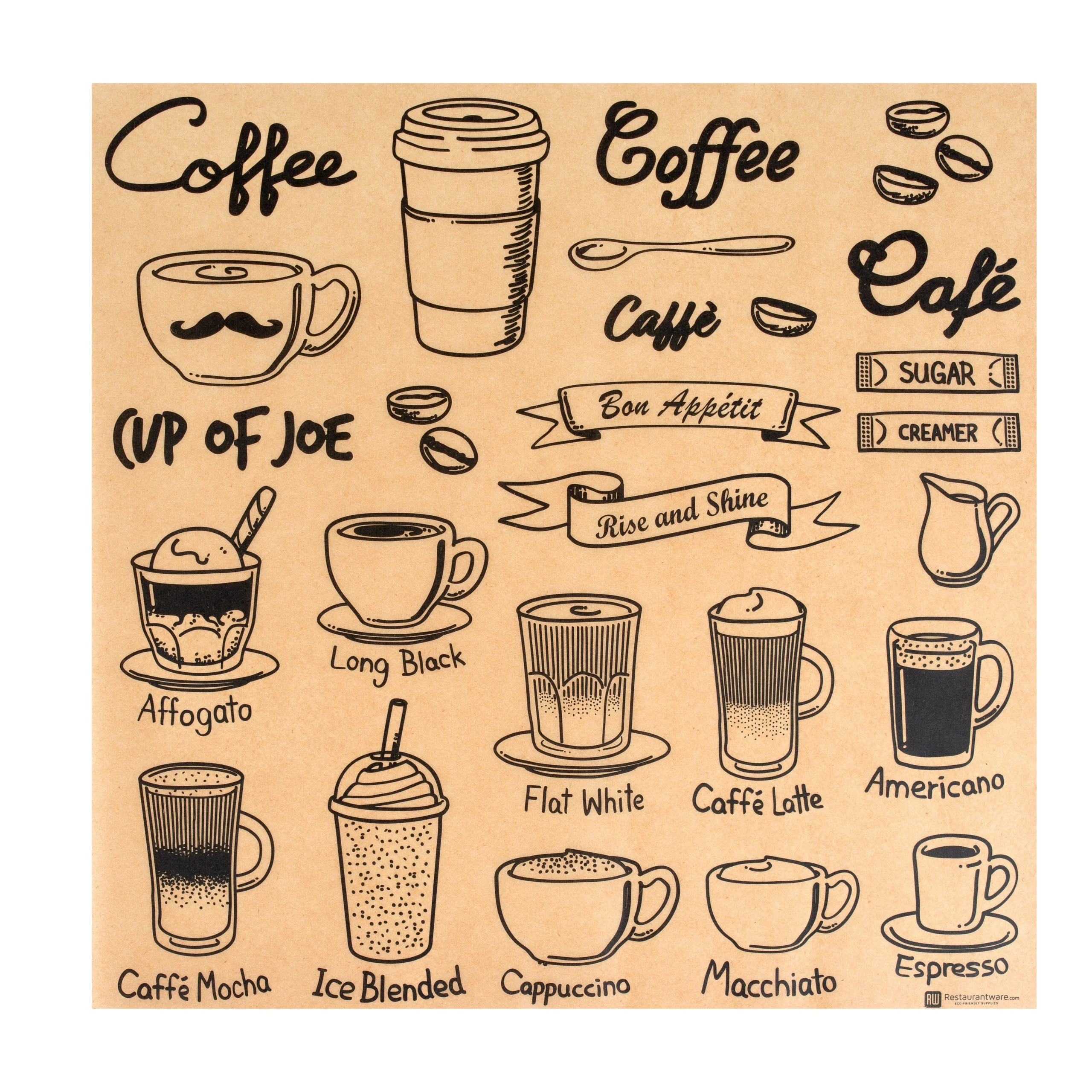 Food Wrap & Basket Liners, Coffee Shop, RW Base 12 x 12 Inch, Greaseproof Paper, Kraft, Cup of Joe Print,200 - 1 EACH