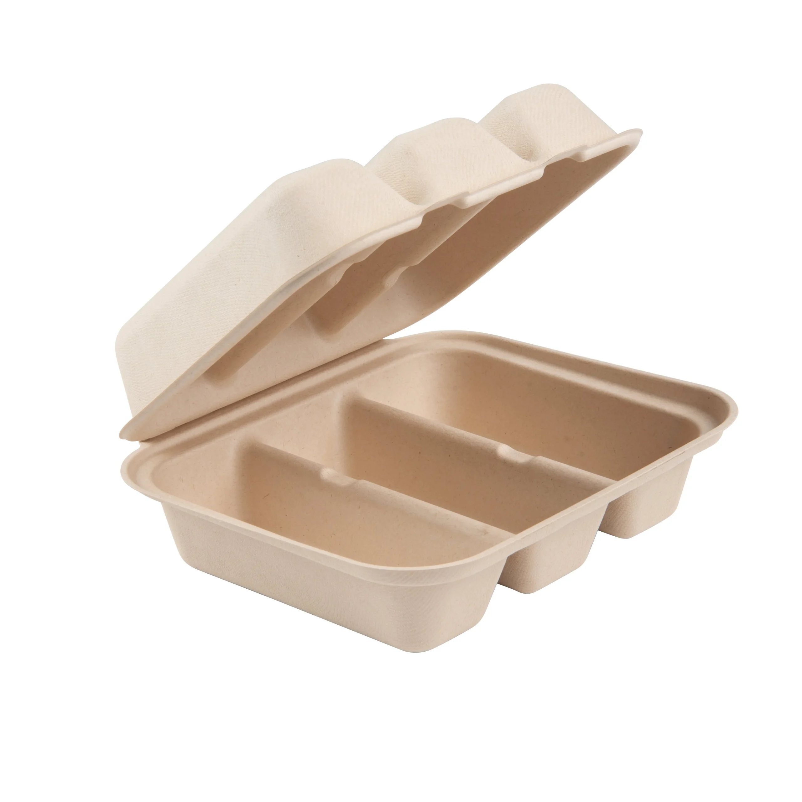 Containers, 3-Compartment Taco, Pulp Safe 8 x 7.25 Inch, Sugarcane & Bagasse, Kraft, Clamshell,50 - 1 EACH
