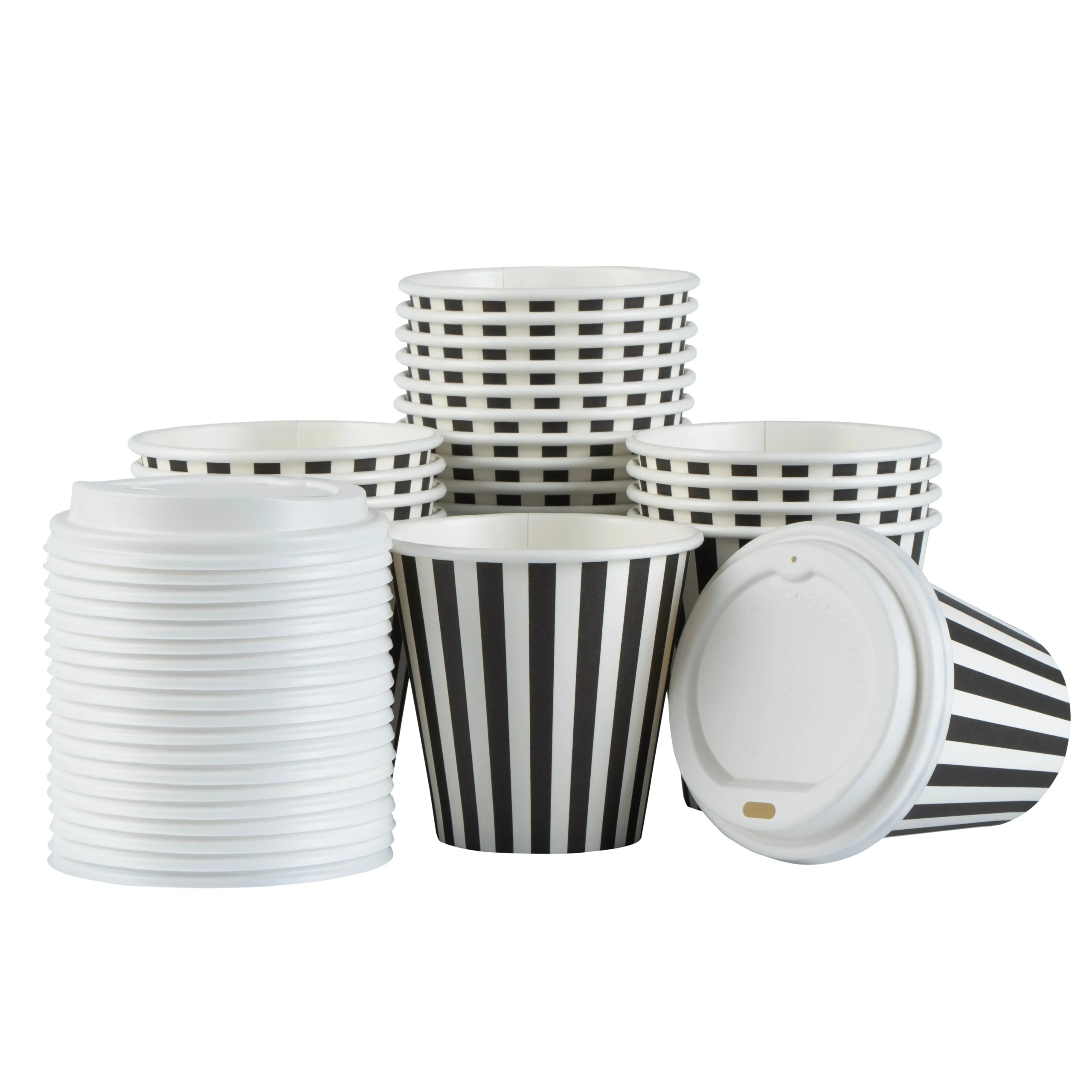 Cups, Hot, Restpresso 8 Ounce, Paper, Black & White Stripe, Single Wall, 3.50 x 3.50 x 4 Inch, with White Lid,20 - 1 EACH