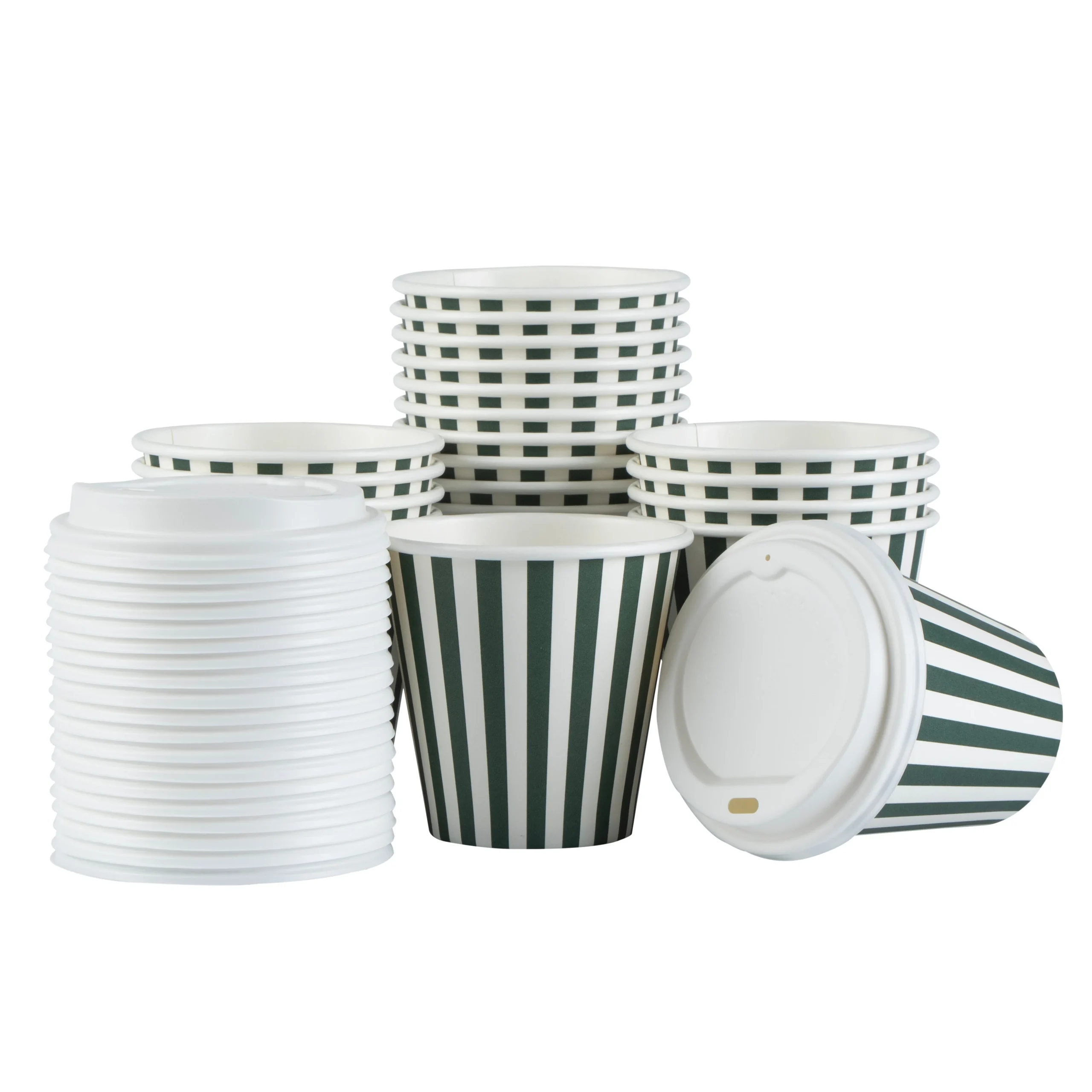 Cups, Hot, Restpresso 8 Ounce, Paper, Forest Green & White Stripe, Single Wall, 3.50 x 3.50 x 4 Inch, with White Lid,20 - 1 EACH