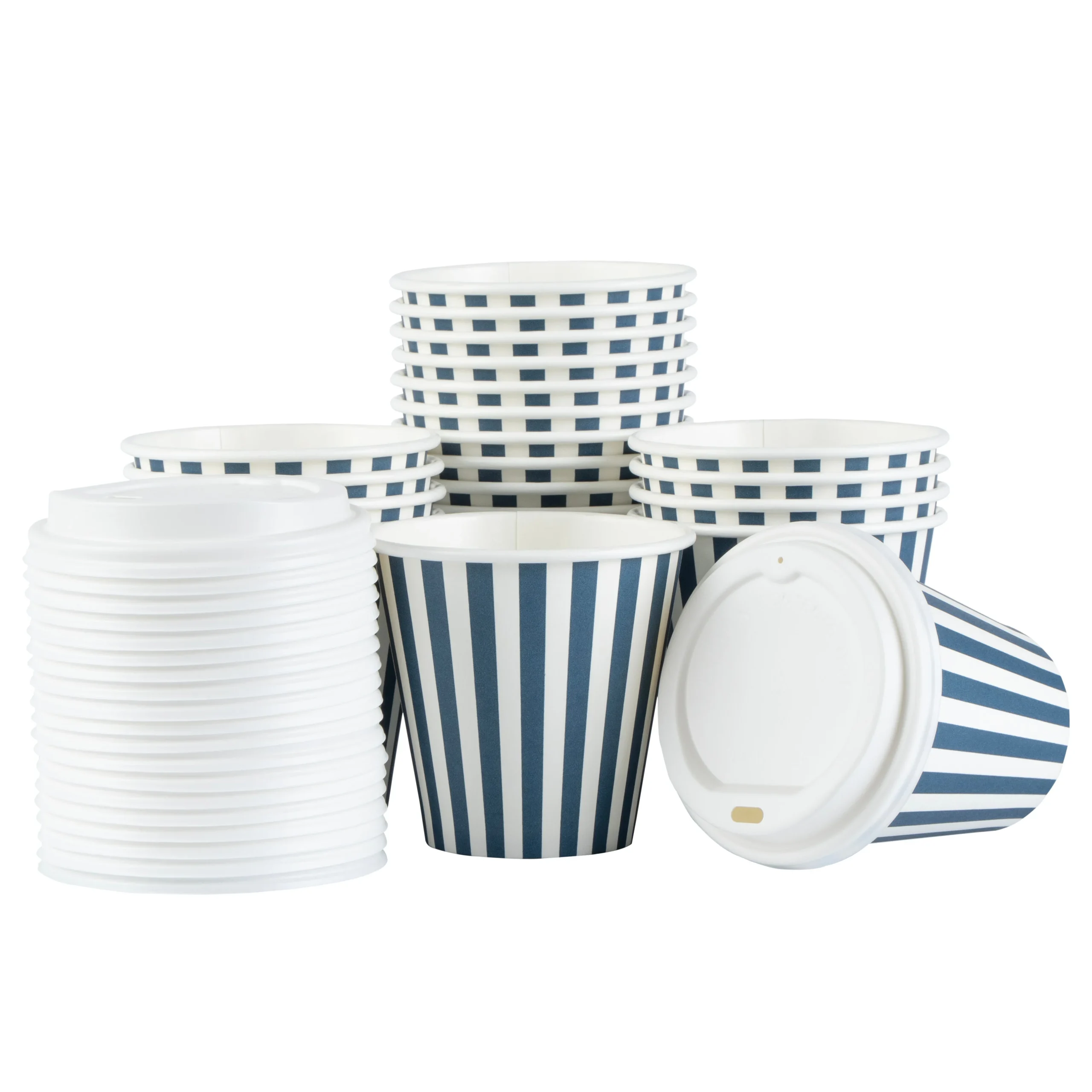 Cups, Hot, Restpresso 8 Ounce, Paper, Blue & White Stripe, Single Wall, 3.50 x 3.50 x 4 Inch, with White Lid,20 - 1 EACH