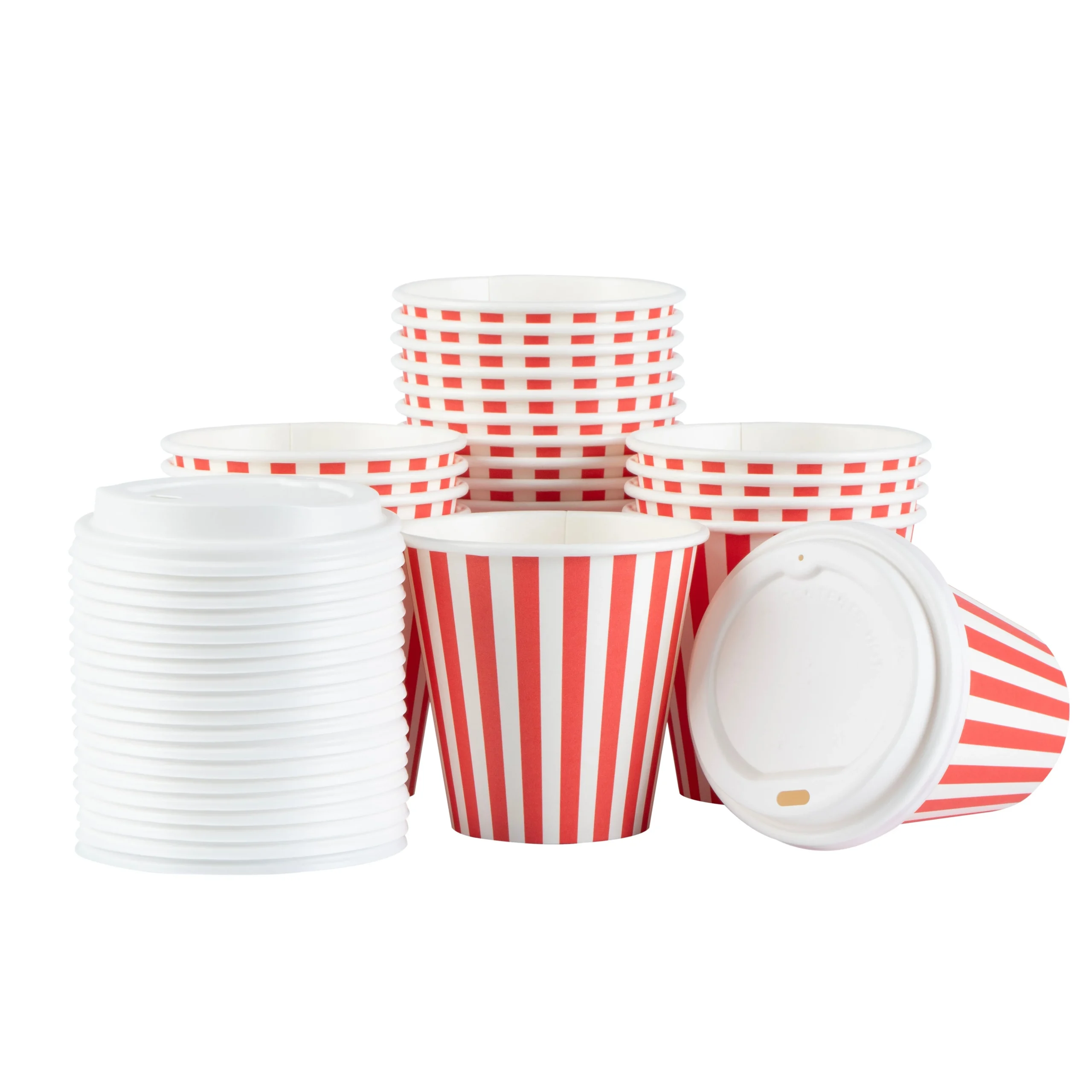 Cups, Hot, Restpresso 8 Ounce, Paper, Red & White Stripe, Single Wall, 3.50 x 3.50 x 4 Inch, with White Lid,20 - 1 EACH