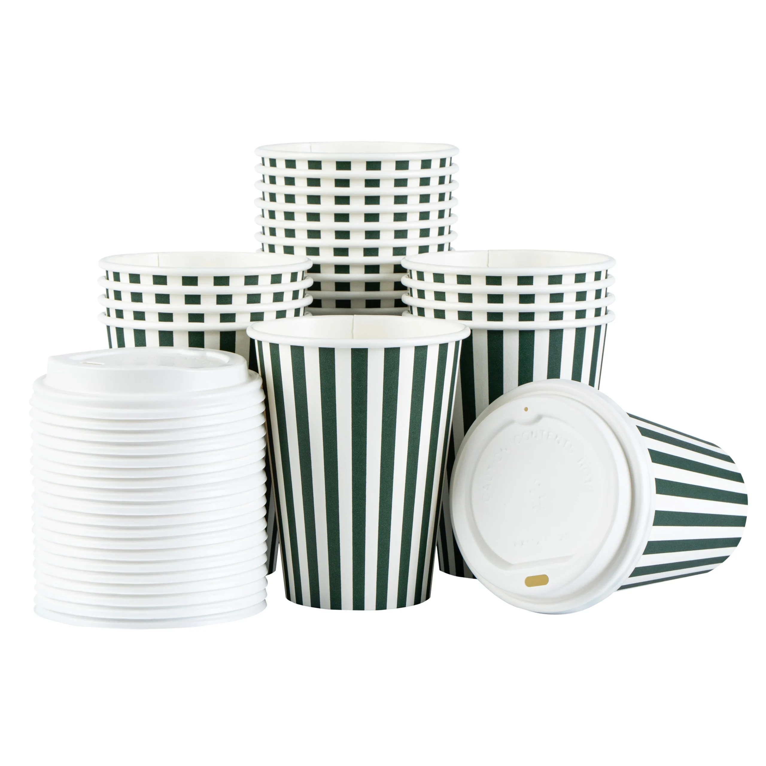 Cups, Hot, Restpresso 12 Ounce, Paper, Forest Green & White Stripe, Single Wall, 3.50 x 3.50 x 4.75 Inch, with White Lid,20 - 1 EACH