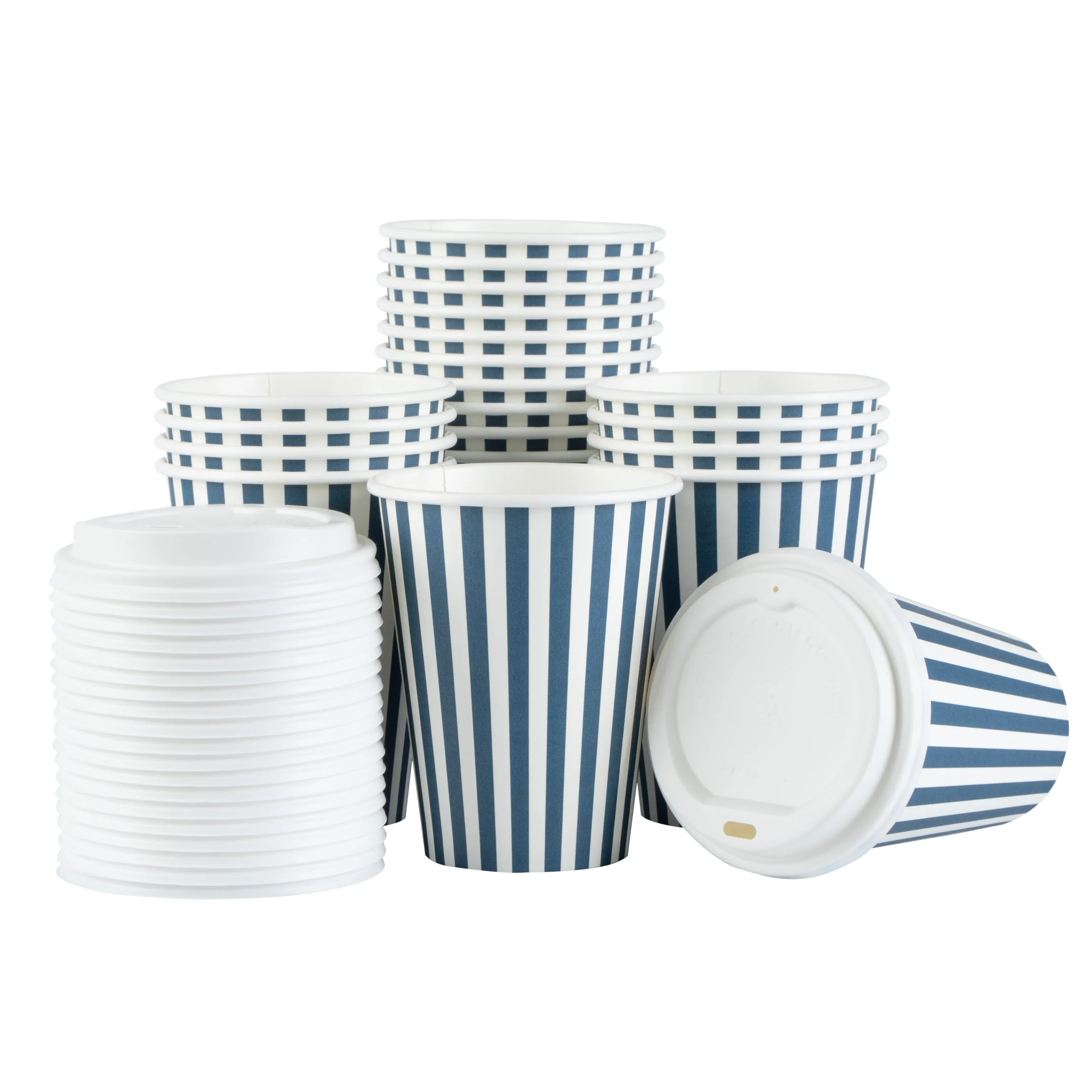 Cups, Hot, Restpresso 12 Ounce, Paper, Blue & White Stripe, Single Wall, 3.50 x 3.50 x 4.75 Inch, with White Lid,20 - 1 EACH