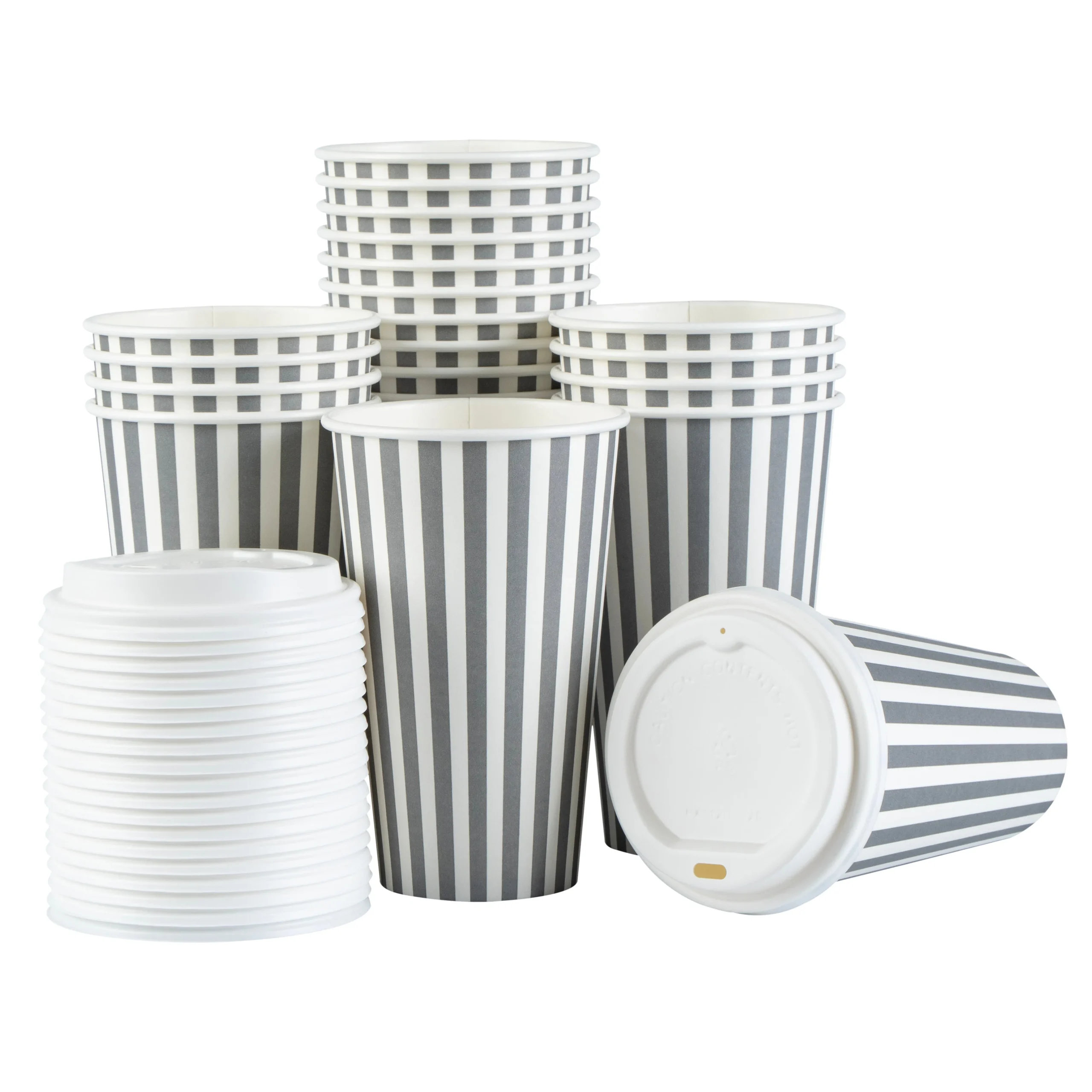 Cups, Hot, Restpresso 16 Ounce, Paper, Gray & White Stripe, Single Wall, 3.50 x 3.50 x 5.75 Inch, with White Lid,20 - 1 EACH
