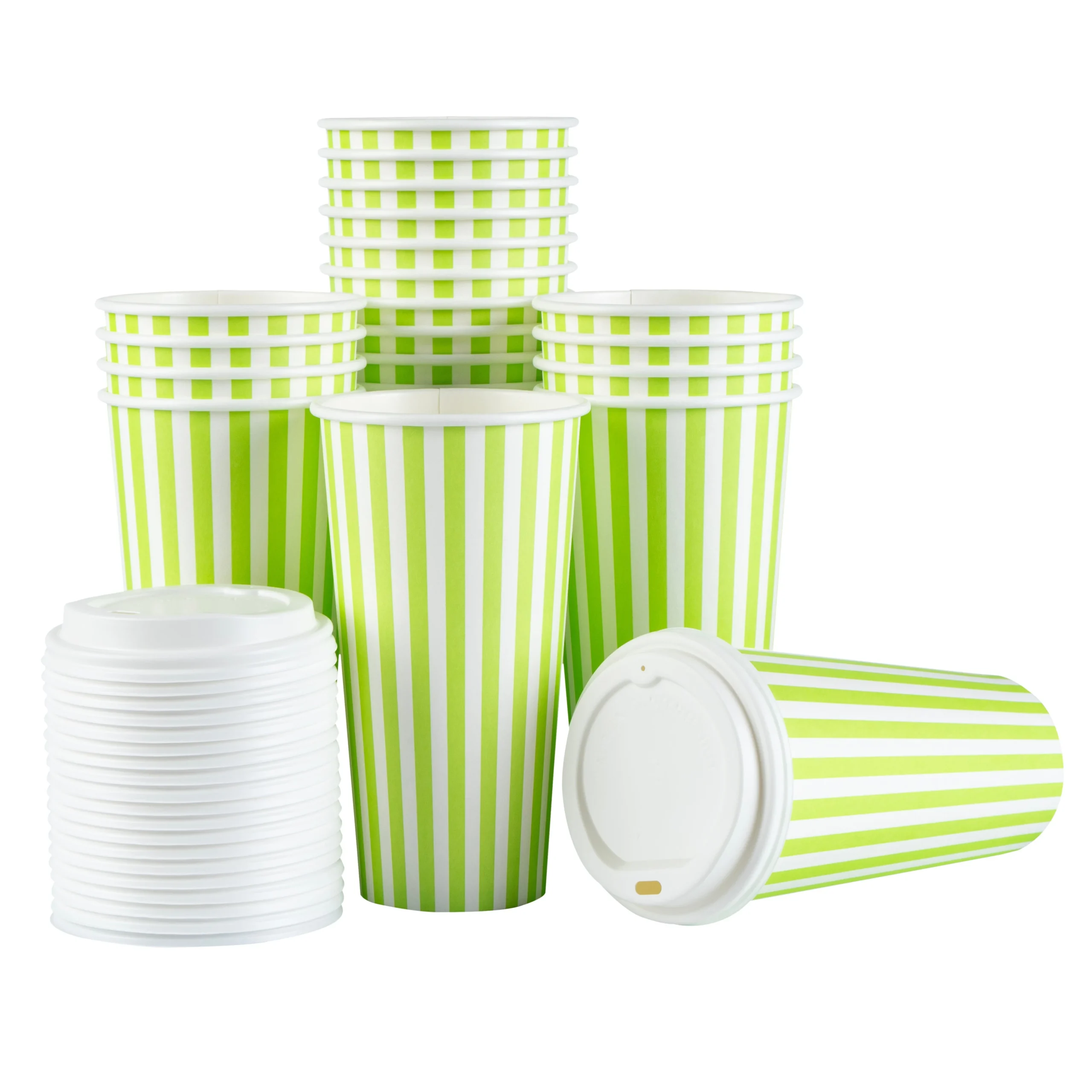 Cups, Hot, Restpresso 20 Ounce, Paper, Green & White Stripe, Single Wall, 3.50 x 3.50 x 6.50 Inch, with White Lid,20 - 1 EACH