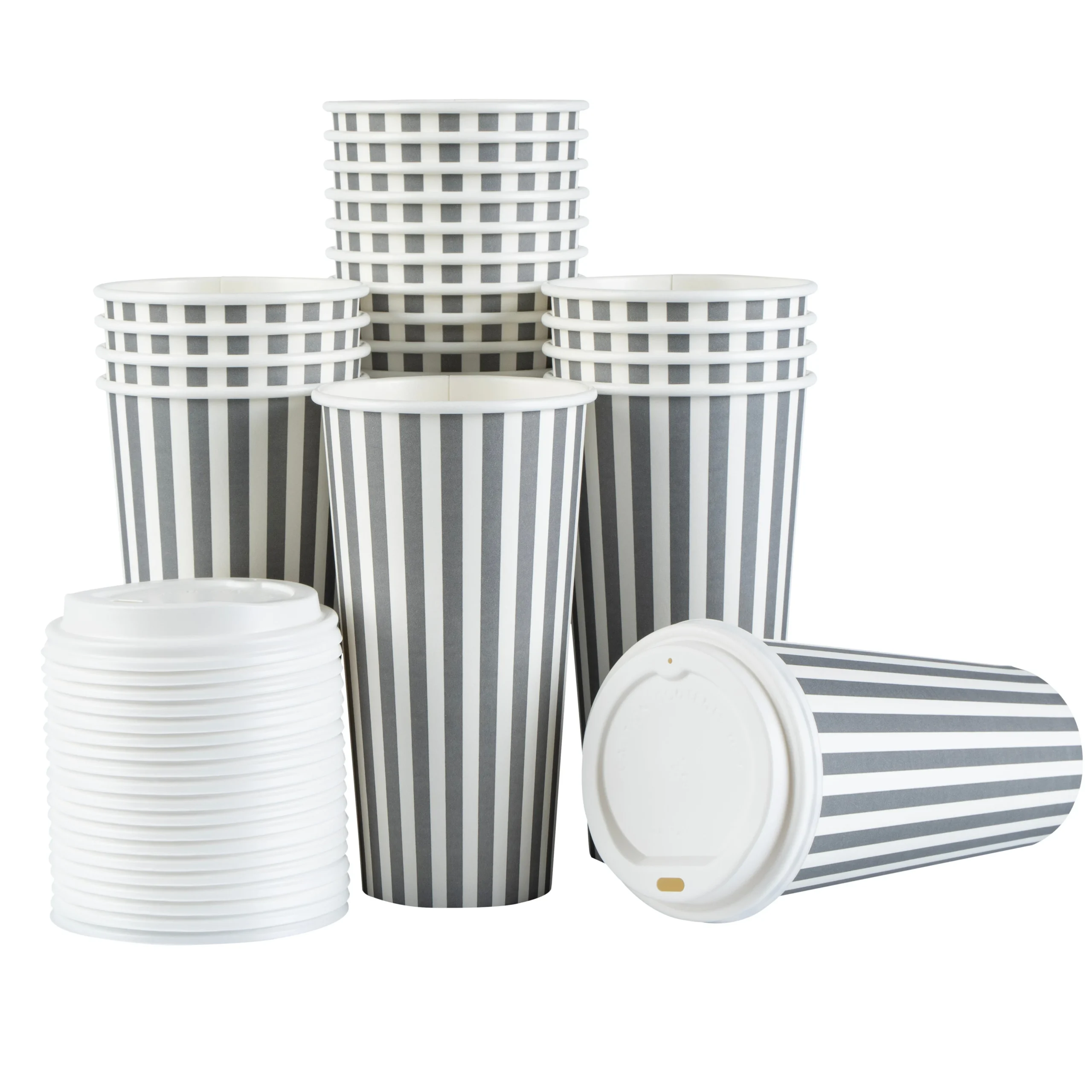 Cups, Hot, Restpresso 20 Ounce, Paper, Gray & White Stripe, Single Wall, 3.50 x 3.50 x 6.50 Inch, with White Lid,20 - 1 EACH