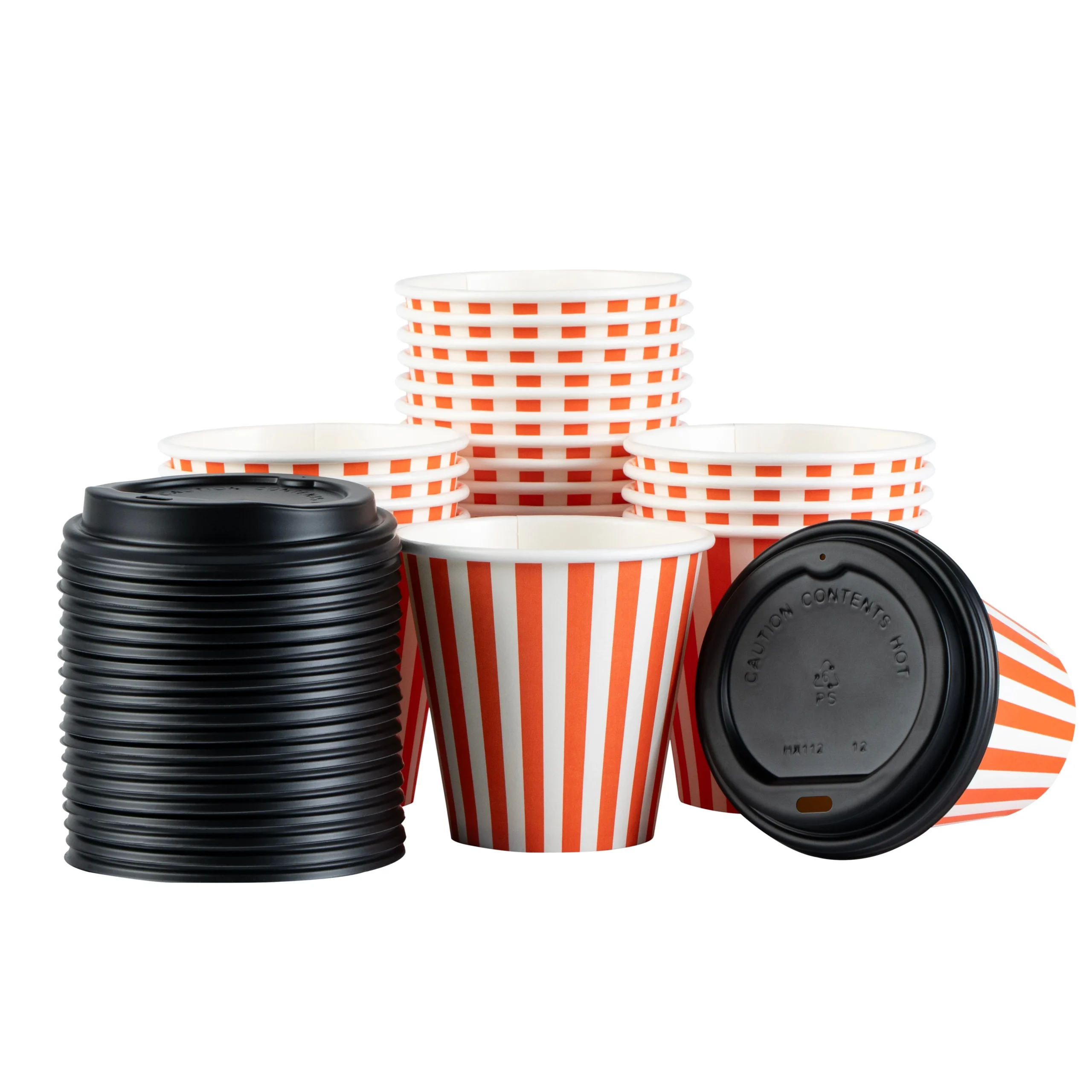 Cups, Hot, Restpresso 8 Ounce, Paper, Orange & White, Single Wall, 3.50 x 3.50 x 3.25 Inch, with Black Lid,20 - 1 EACH