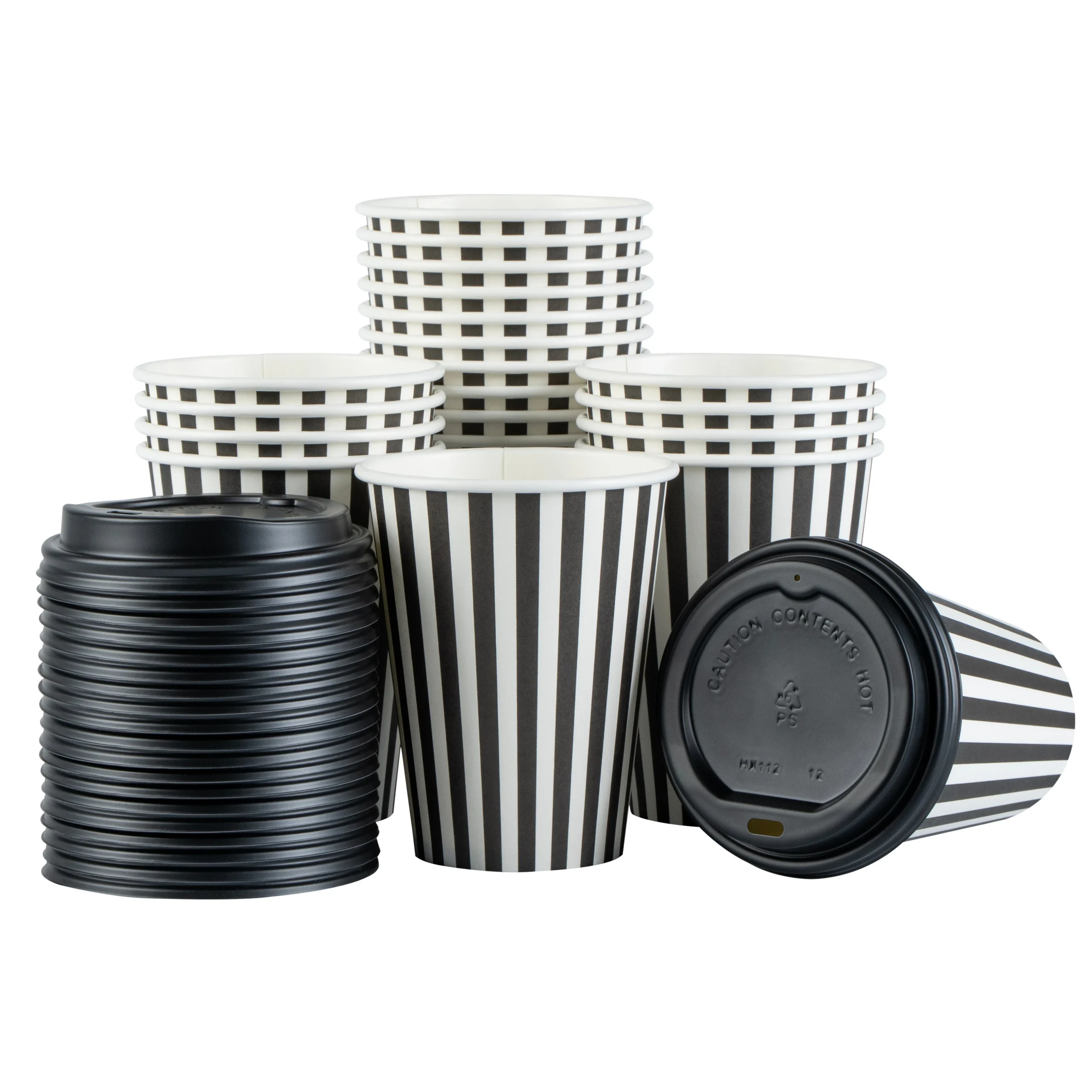 Cups, Hot, Restpresso 12 Ounce, Paper, Black & White Stripe, Single Wall, 3.50 x 3.50 x 4 Inch, with Black Lid,20 - 1 EACH