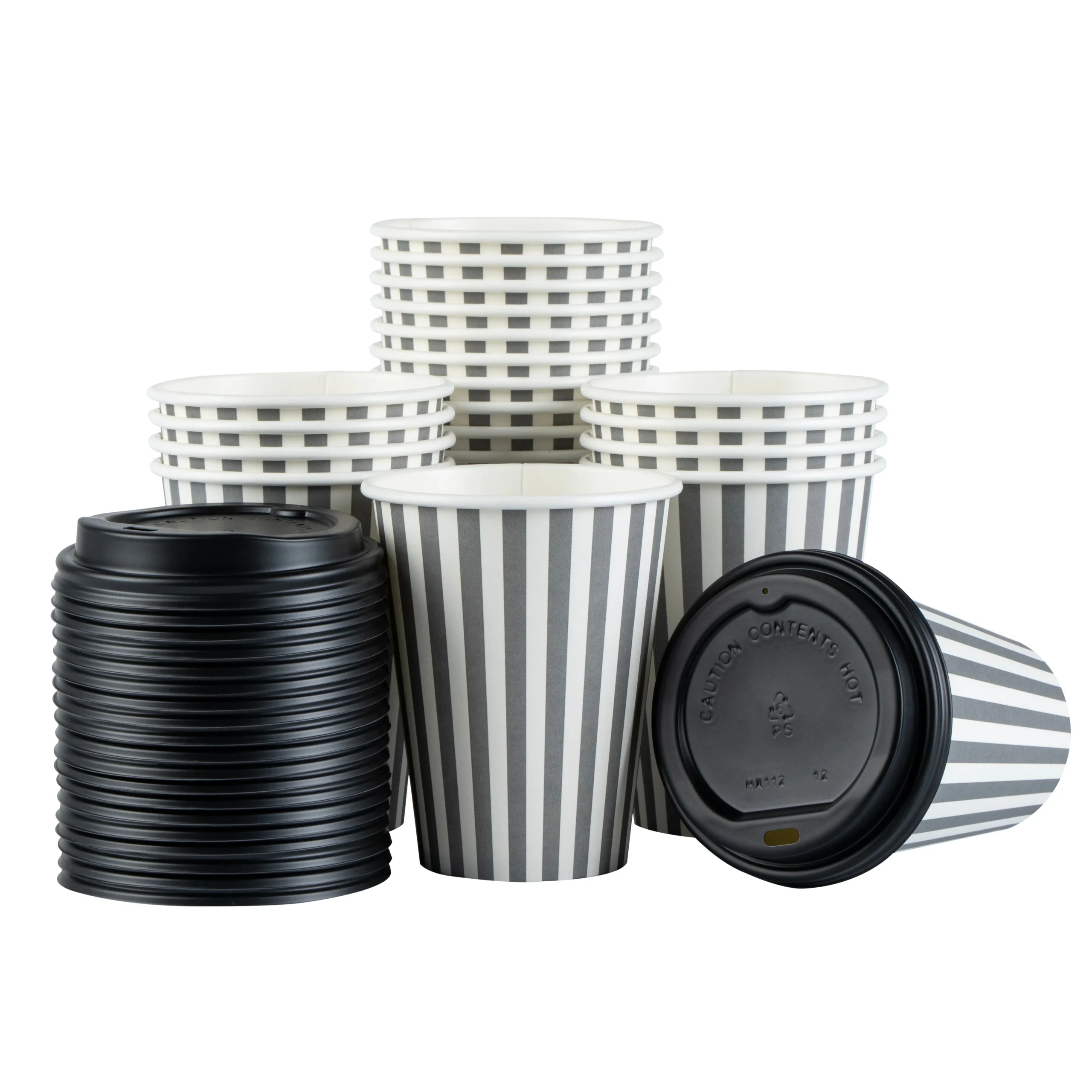 Cups, Hot, Restpresso 12 Ounce, Paper, Gray & White Stripe, Single Wall, 3.50 x 3.50 x 4 Inch, with Black Lid,20 - 1 EACH