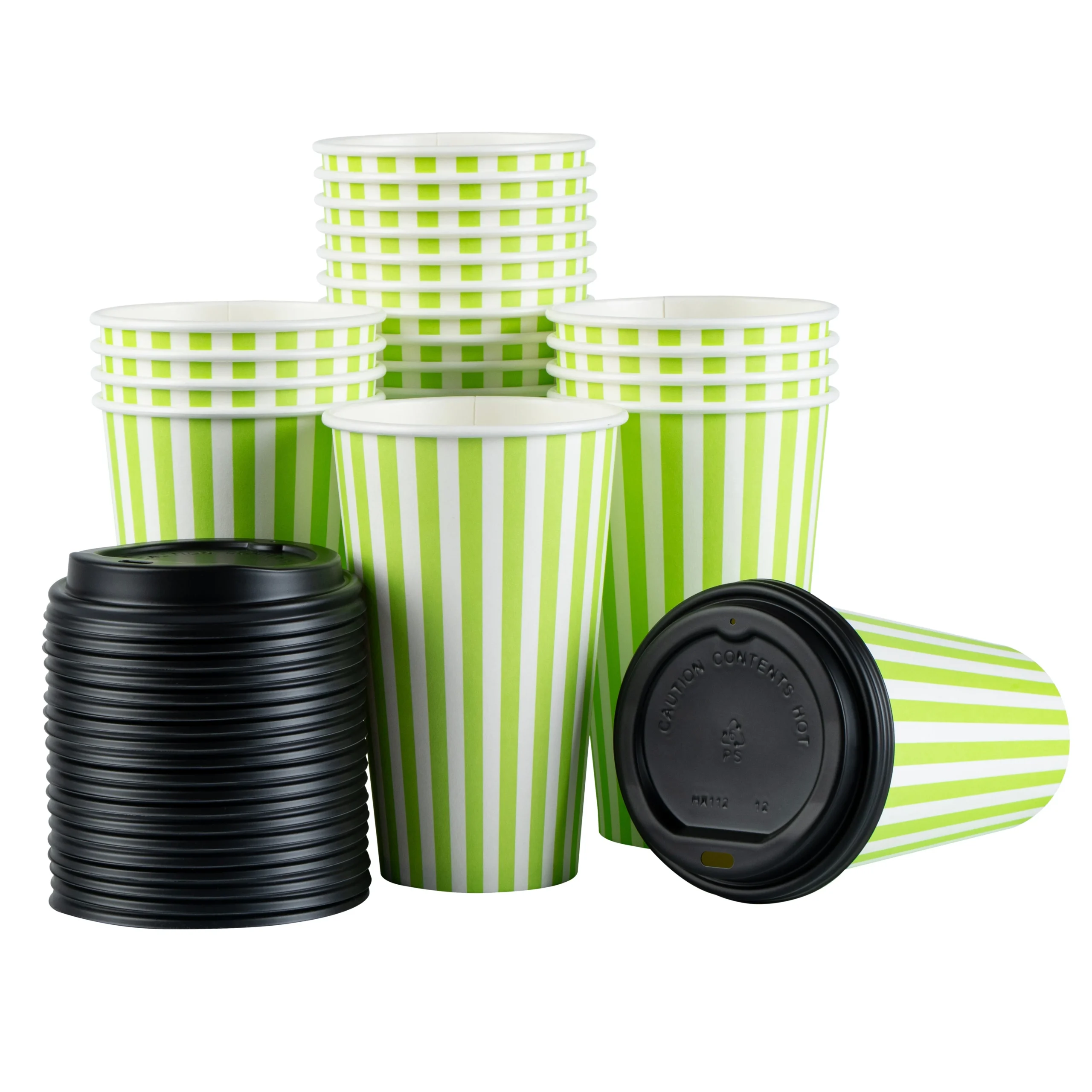 Cups, Hot, Restpresso 16 Ounce, Paper, Green & White Stripe, Single Wall, 3.50 x 3.50 x 5.50 Inch, with Black Lid,20 - 1 EACH