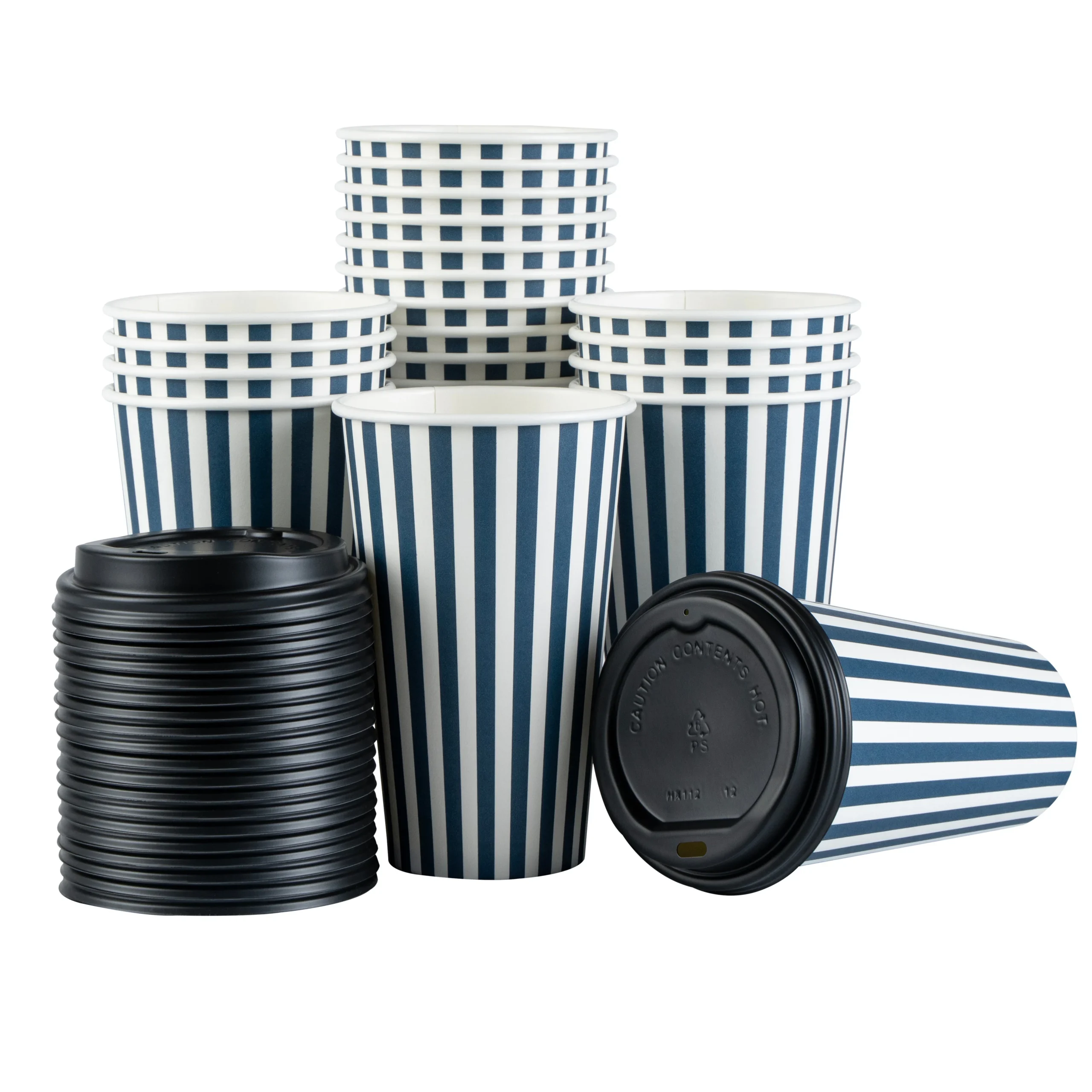 Cups, Hot, Restpresso 16 Ounce, Paper, Blue & White Stripe, Single Wall, 3.50 x 3.50 x 5.50 Inch, with Black Lid,20 - 1 EACH