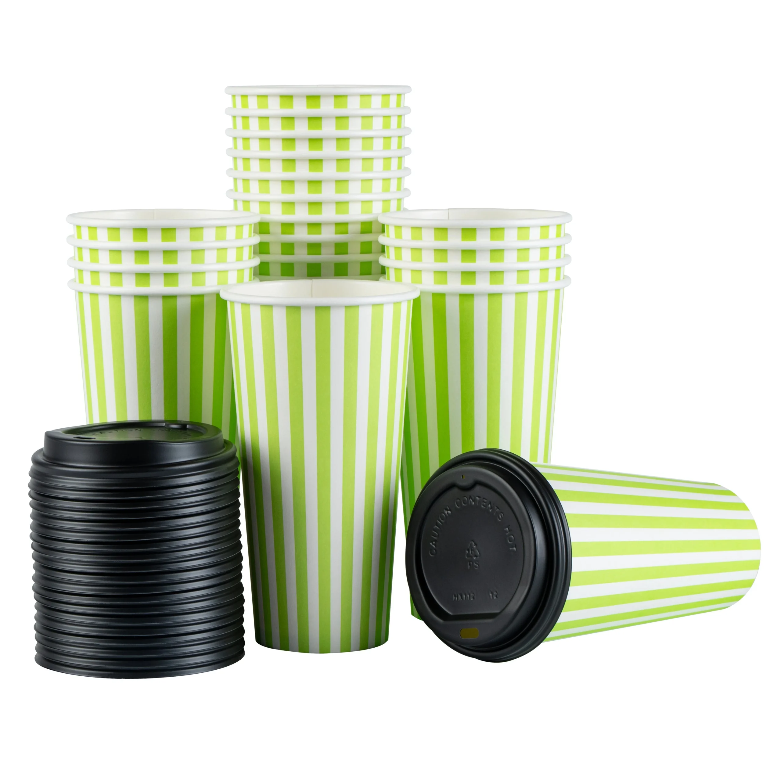 Cups, Hot, Restpresso 20 Ounce, Paper, Green & White Stripe, Single Wall, 3.50 x 3.50 x 6.25 Inch, with Black Lid,20 - 1 EACH