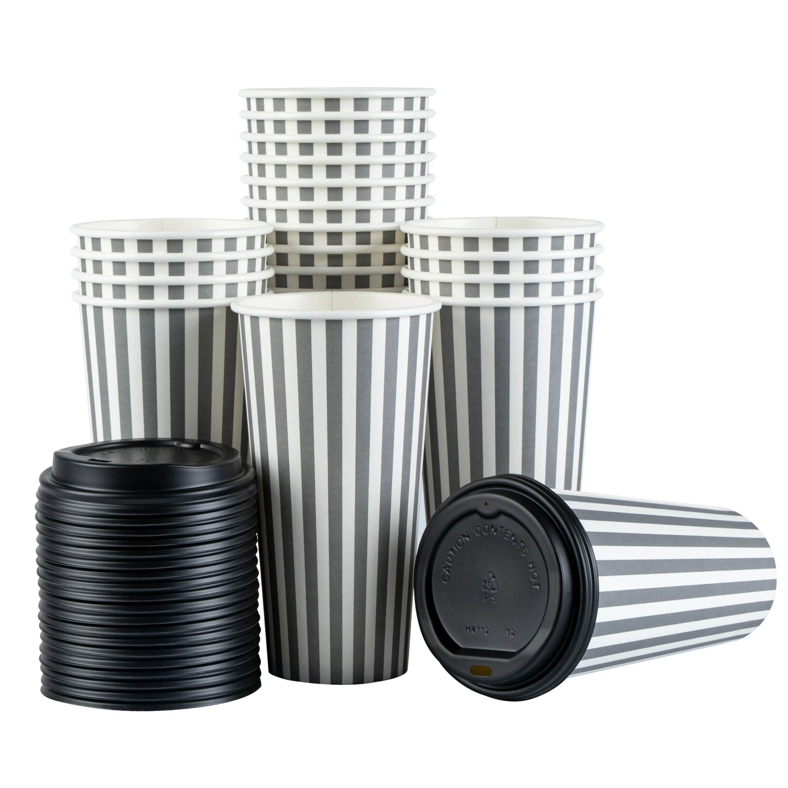 Cups, Hot, Restpresso 20 Ounce, Paper, Gray & White Stripe, Single Wall, 3.50 x 3.50 x 6.25 Inch, with Black Lid,20 - 1 EACH