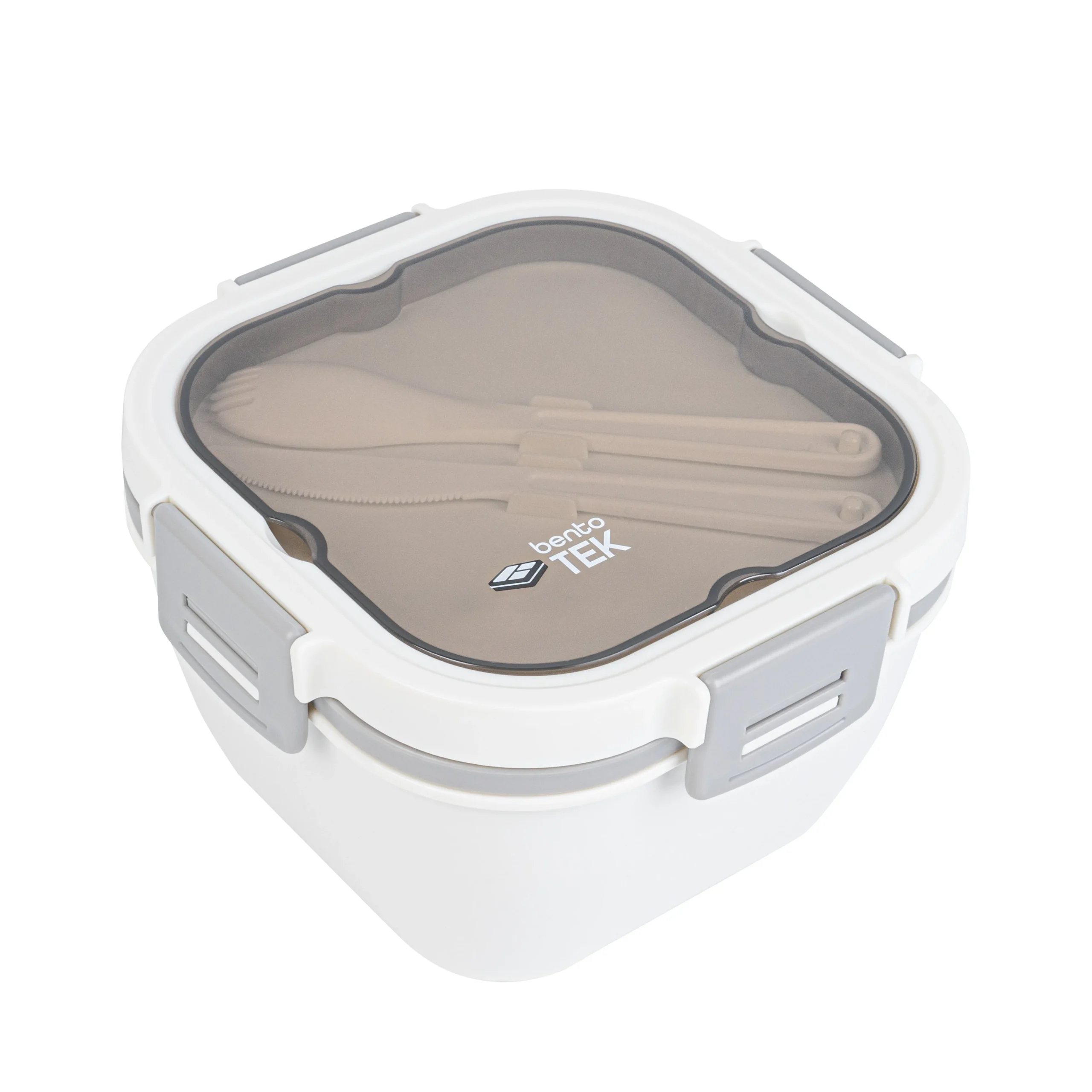 Boxes, Lunch, Bento Tek 58 Ounce, Microwave-Safe, White & Grey, 7.25 x 7.25 x 4.25 Inch, with Fork & Knife,10 - 1 EACH