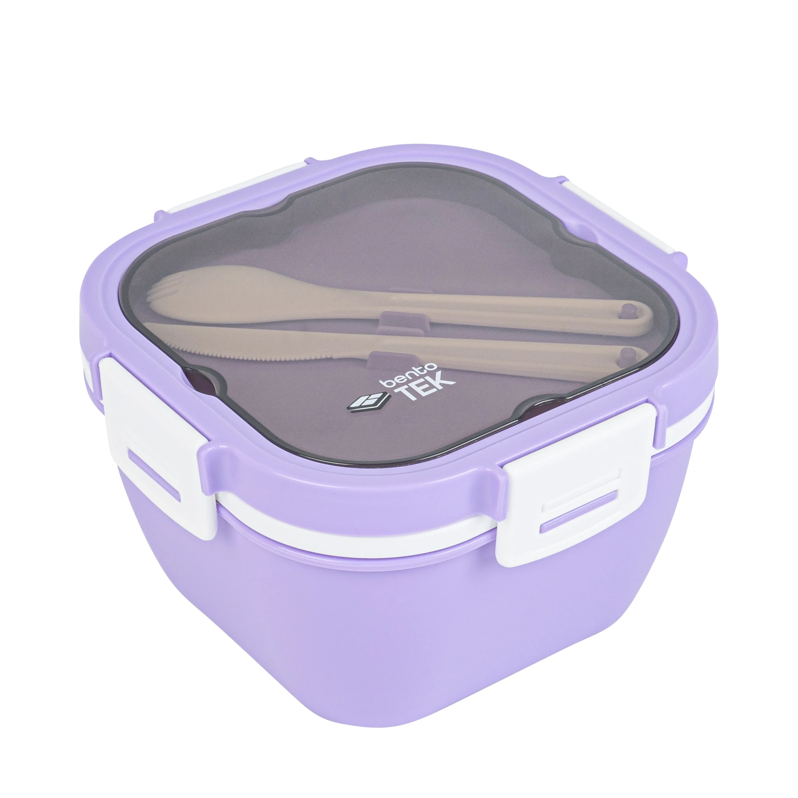 Boxes, Lunch, Bento Tek 58 Ounce, Microwave-Safe, Purple & White, 7.25 x 7.25 x 4.25 Inch, with Fork & Knife,10 - 1 EACH