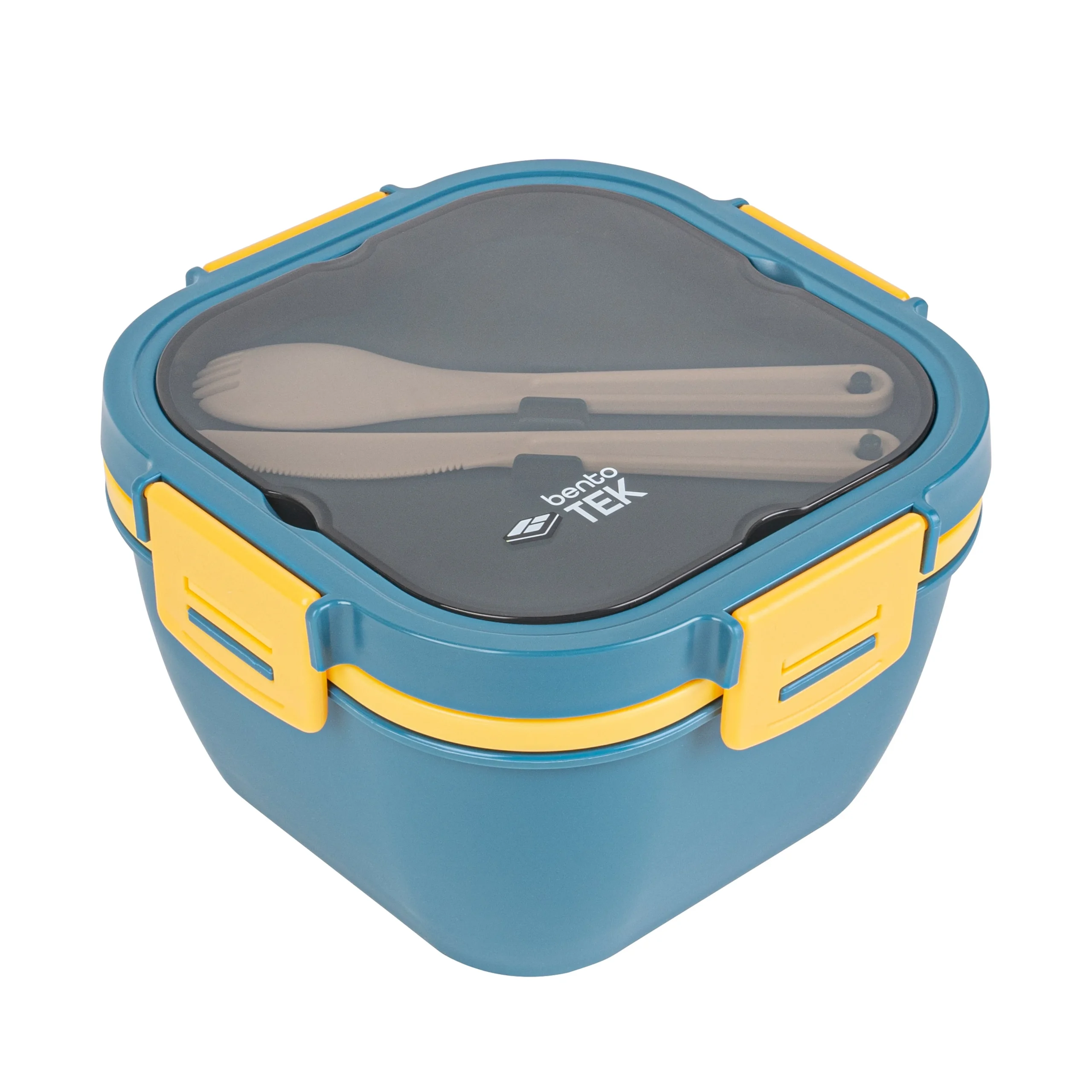 Boxes, Lunch, Bento Tek 58 Ounce, Microwave-Safe, Blue & Yellow, 7.25 x 7.25 x 4.25 Inch, with Fork & Knife,10 - 1 EACH