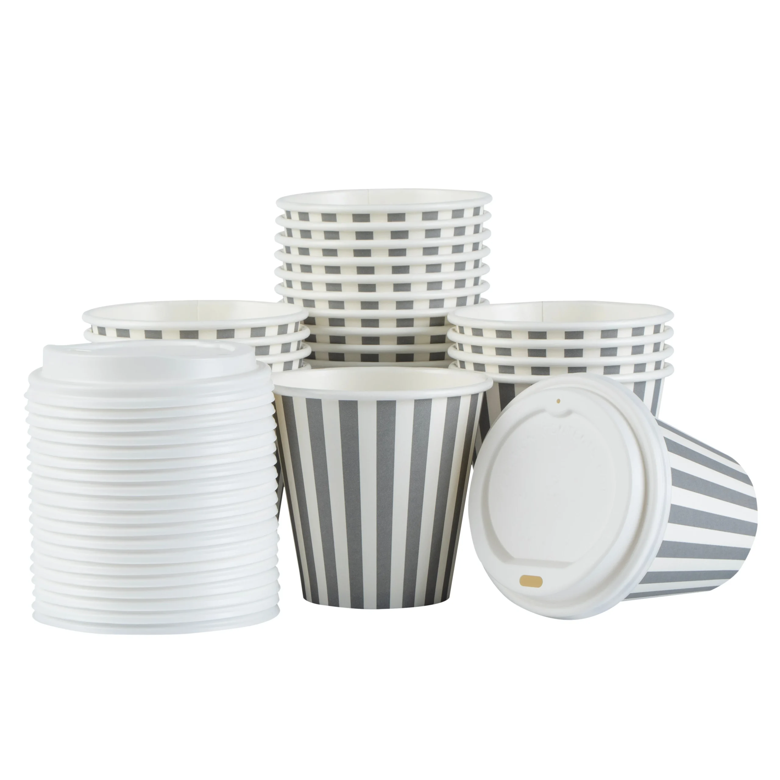 Cups, Hot, Restpresso 8 Ounce, Paper, Gray & White Stripe, Single Wall, 3.50 x 3.50 x 4 Inch, with White Lid,20 - 20 COUNT