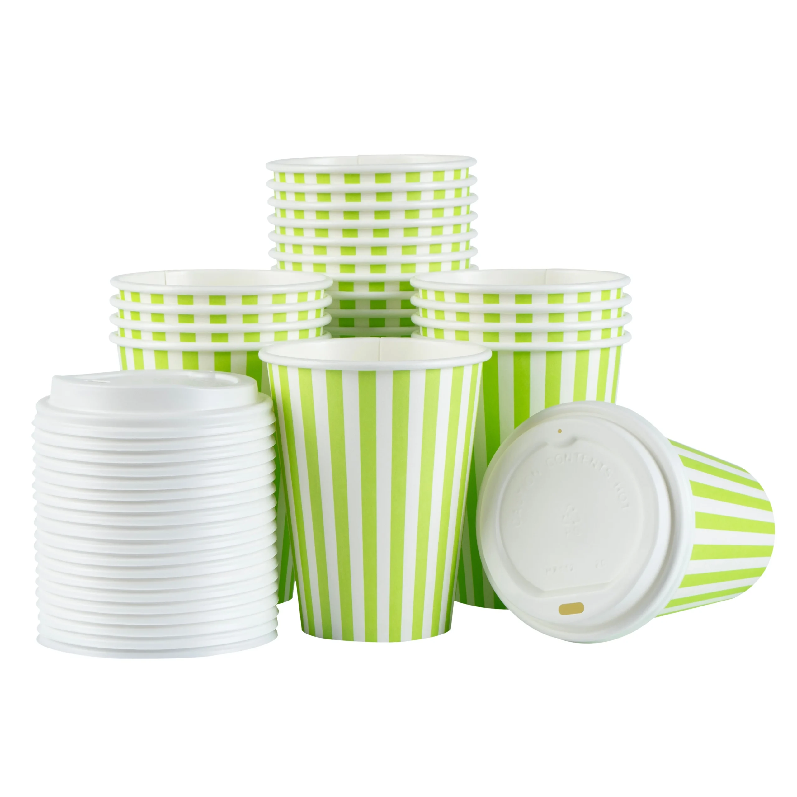 Cups, Hot, Restpresso 12 Ounce, Paper, Green & White Stripe, Single Wall, 3.50 x 3.50 x 4.75 Inch, with White Lid,20 - 20 COUNT