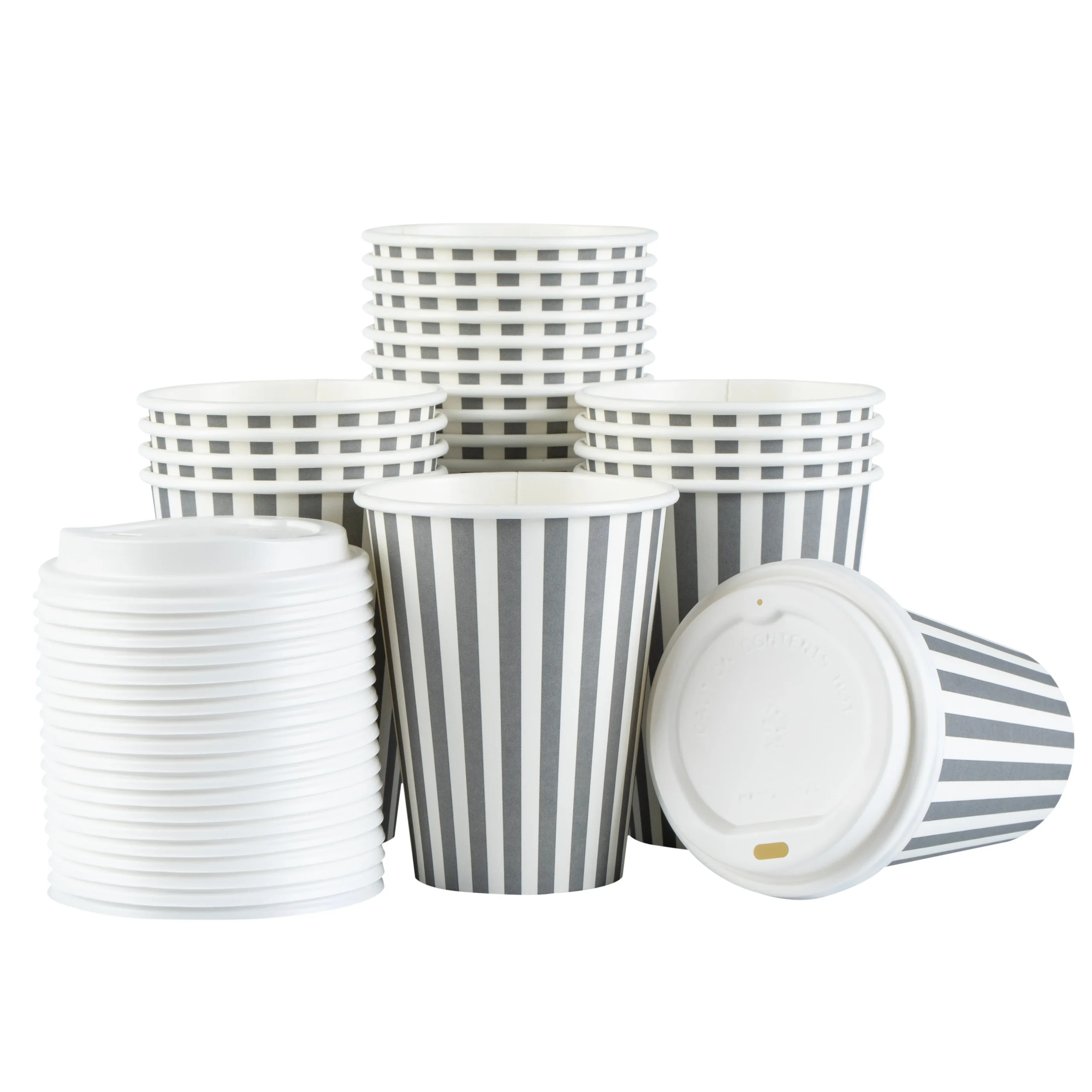 Cups, Hot, Restpresso 12 Ounce, Paper, Gray & White Stripe, Single Wall, 3.50 x 3.50 x 4.75 Inch, with White Lid,20 - 20 COUNT