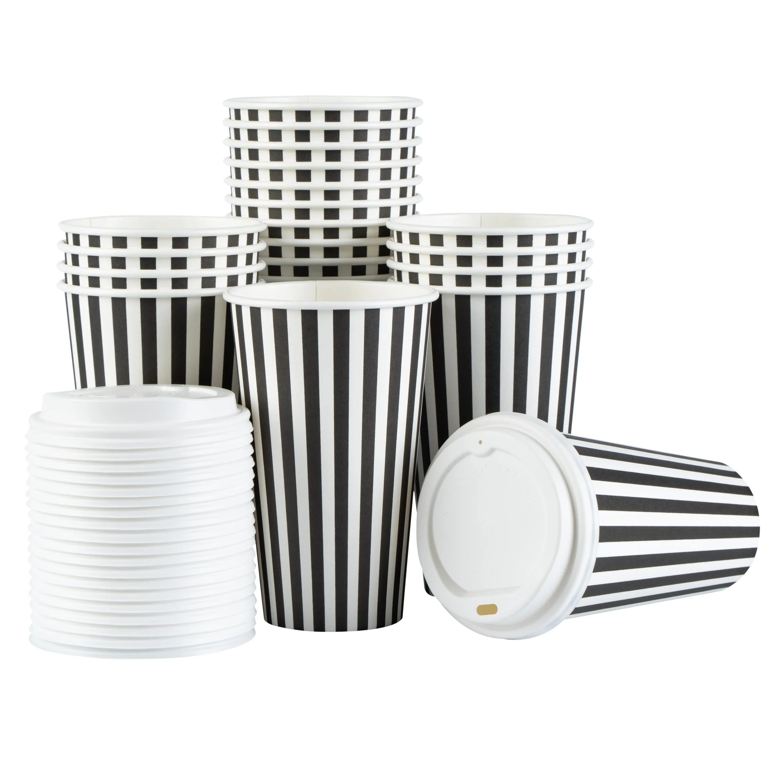 Cups, Hot, Restpresso 16 Ounce, Paper, Black & White Stripe, Single Wall, 3.50 x 3.50 x 5.75 Inch, with White Lid,20 - 20 COUNT